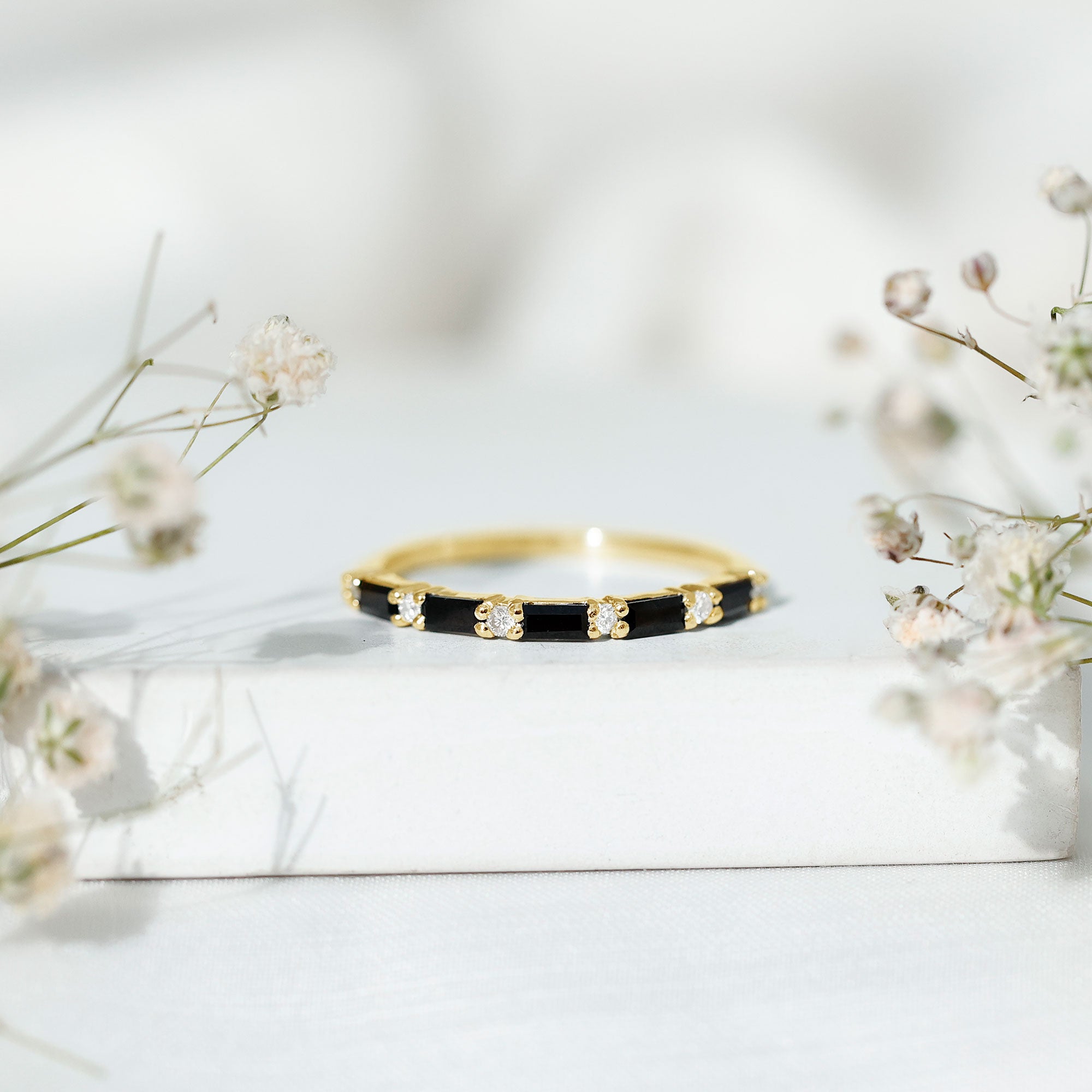 Certified Baguette Lab Grown Black and White Diamond Half Eternity Ring AAAA ( Synthetic ) - Rosec Jewels