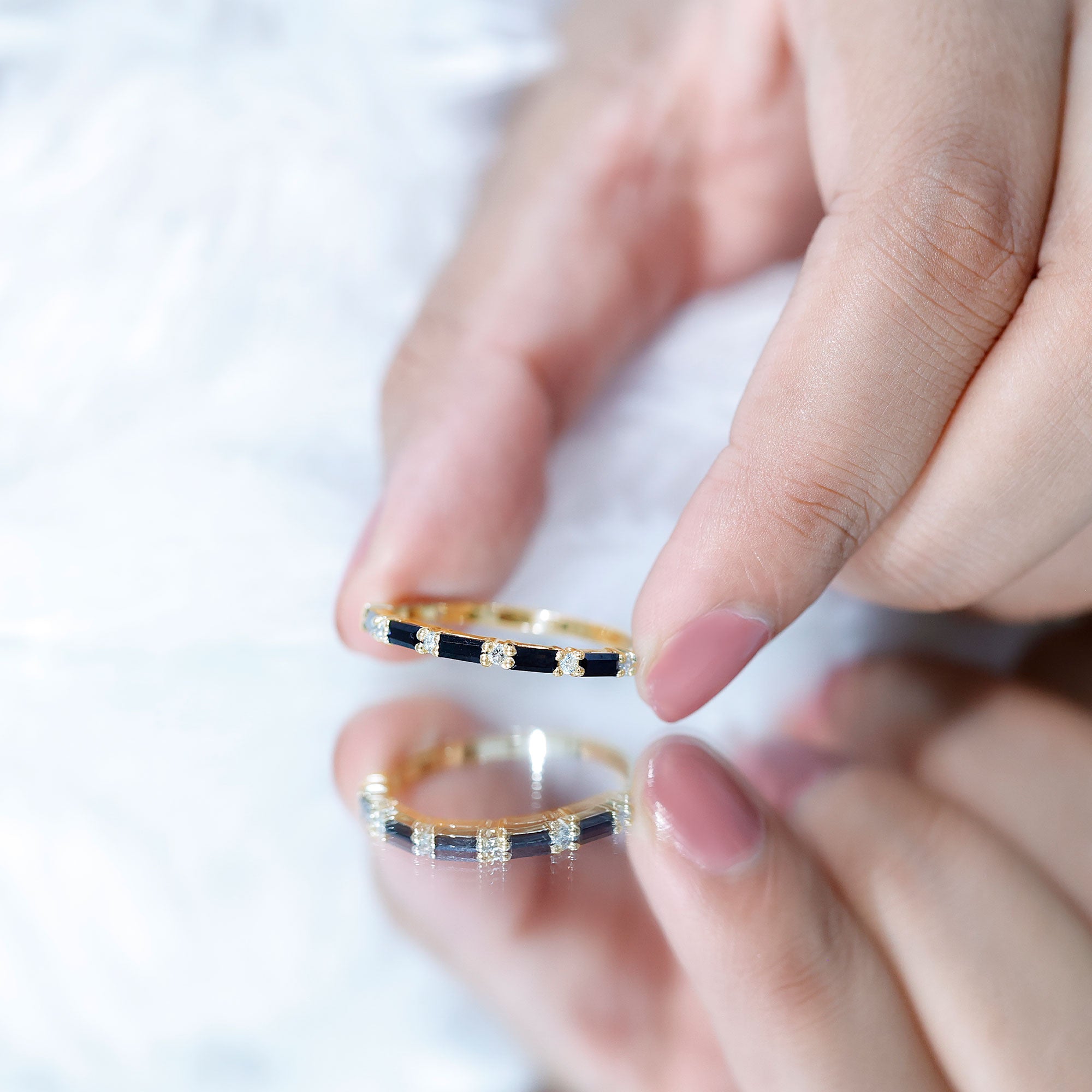 Certified Baguette Lab Grown Black and White Diamond Half Eternity Ring AAAA ( Synthetic ) - Rosec Jewels