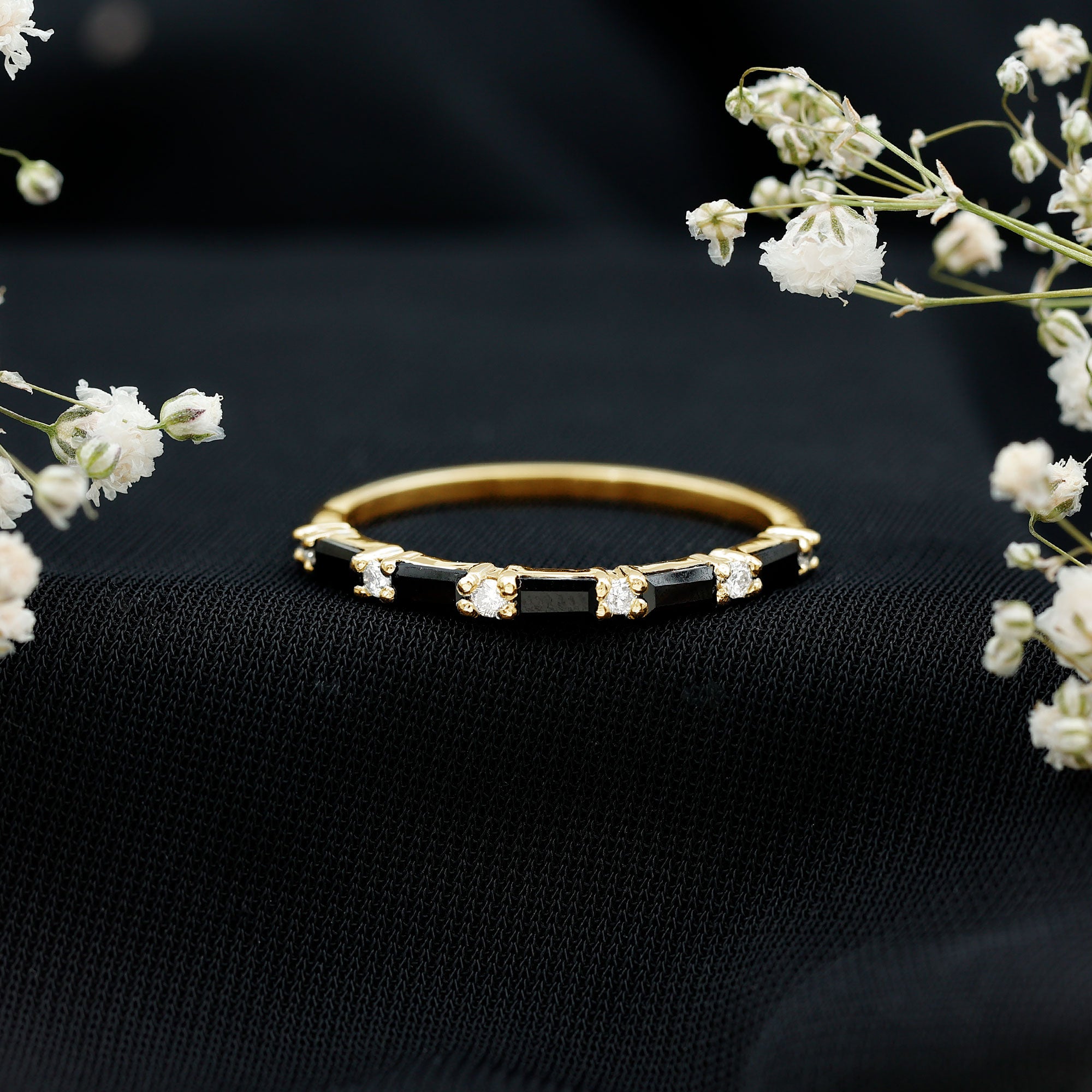 Certified Baguette Lab Grown Black and White Diamond Half Eternity Ring AAAA ( Synthetic ) - Rosec Jewels