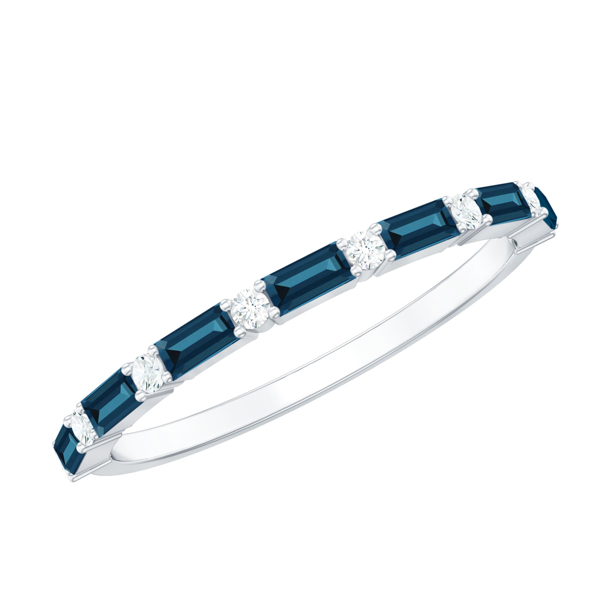 Baguette London Blue Topaz and Diamond Stackable Band Ring AAA - Rosec Jewels