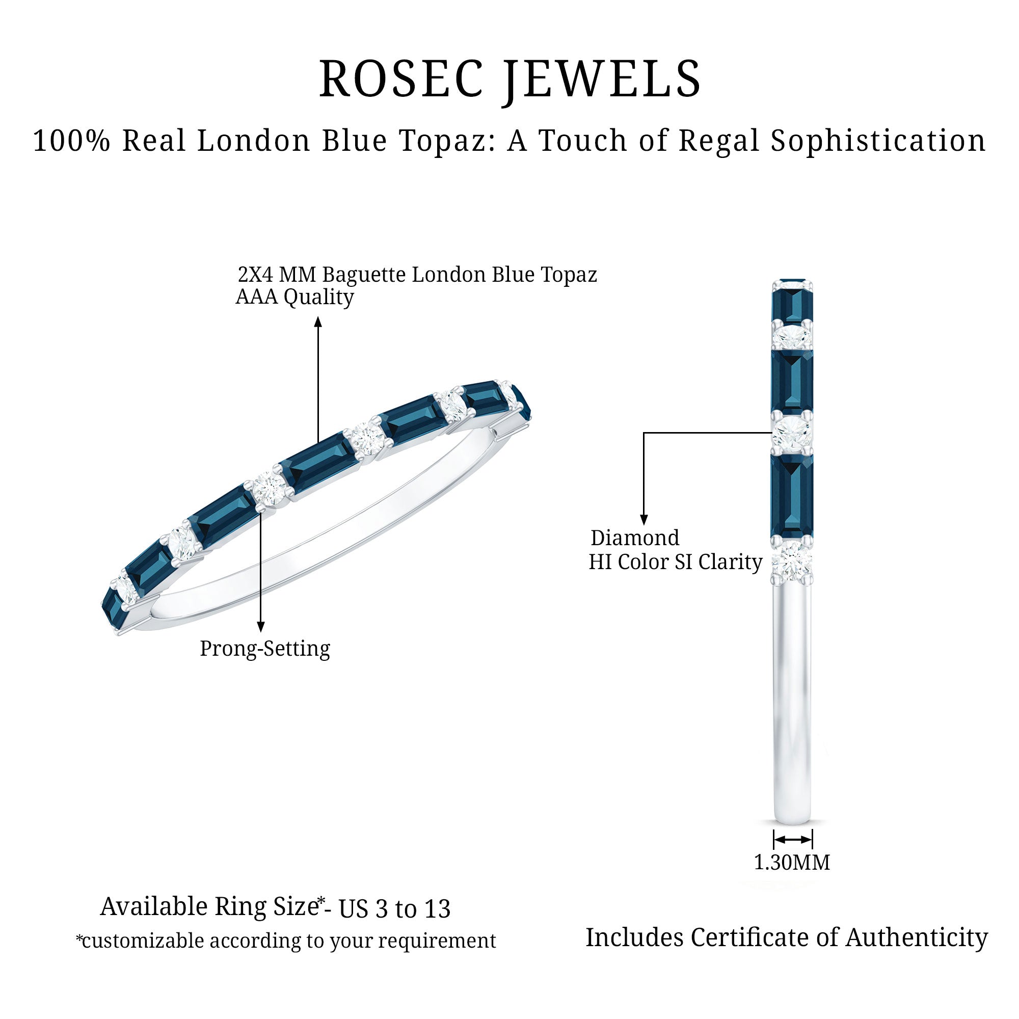 Baguette London Blue Topaz and Diamond Stackable Band Ring AAA - Rosec Jewels