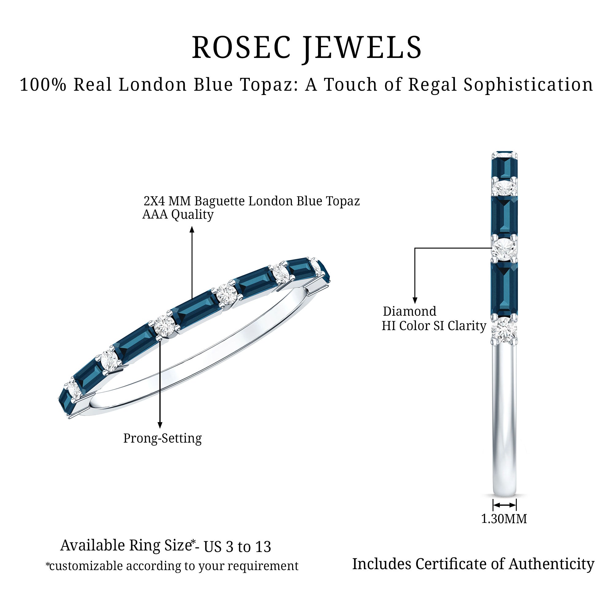 Baguette London Blue Topaz and Diamond Stackable Band Ring AAA - Rosec Jewels