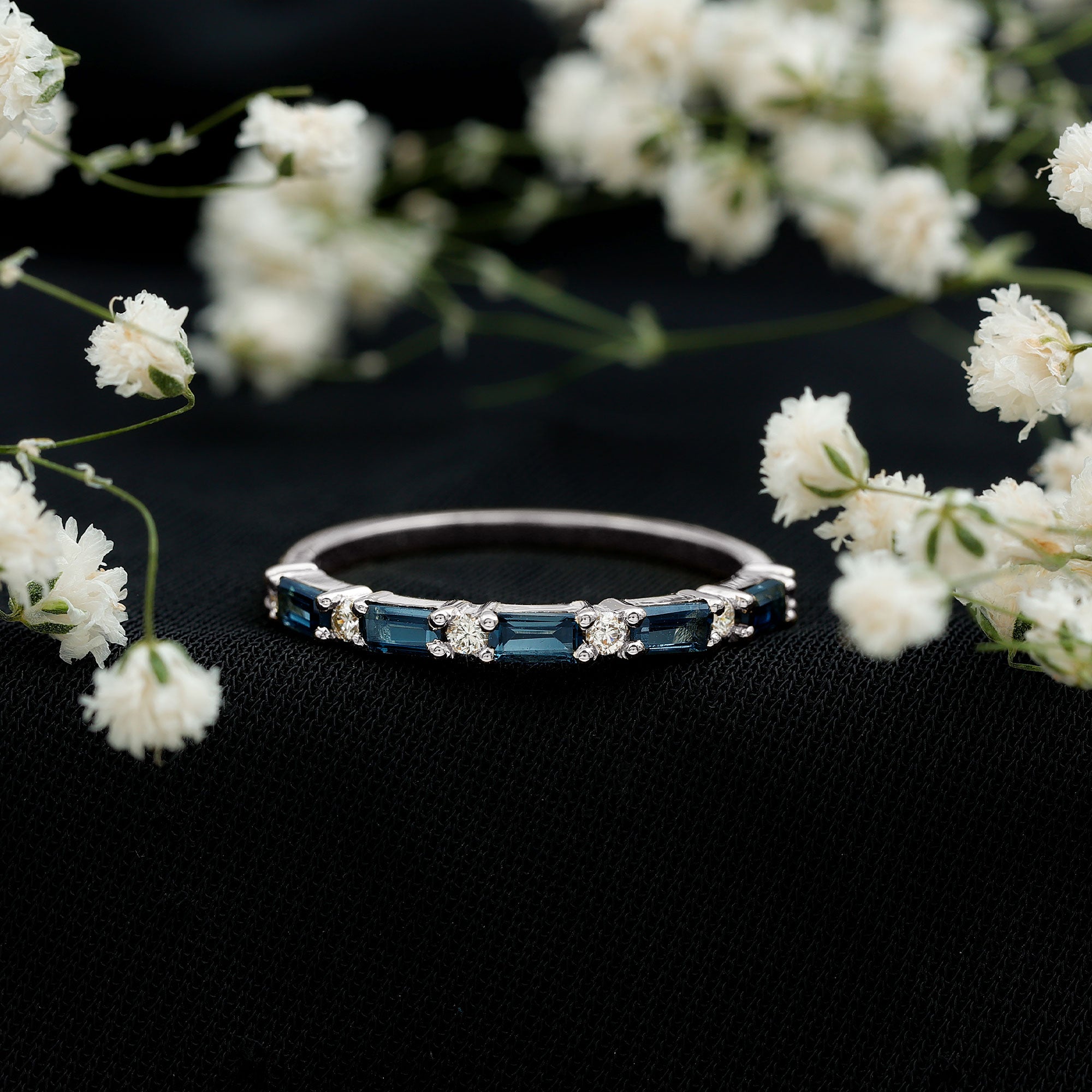 Baguette London Blue Topaz and Diamond Stackable Band Ring AAA - Rosec Jewels