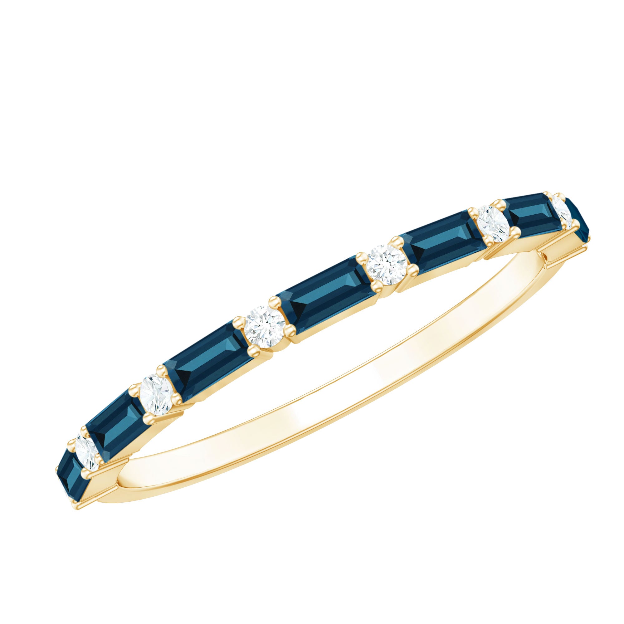 Baguette London Blue Topaz and Diamond Stackable Band Ring AAA - Rosec Jewels