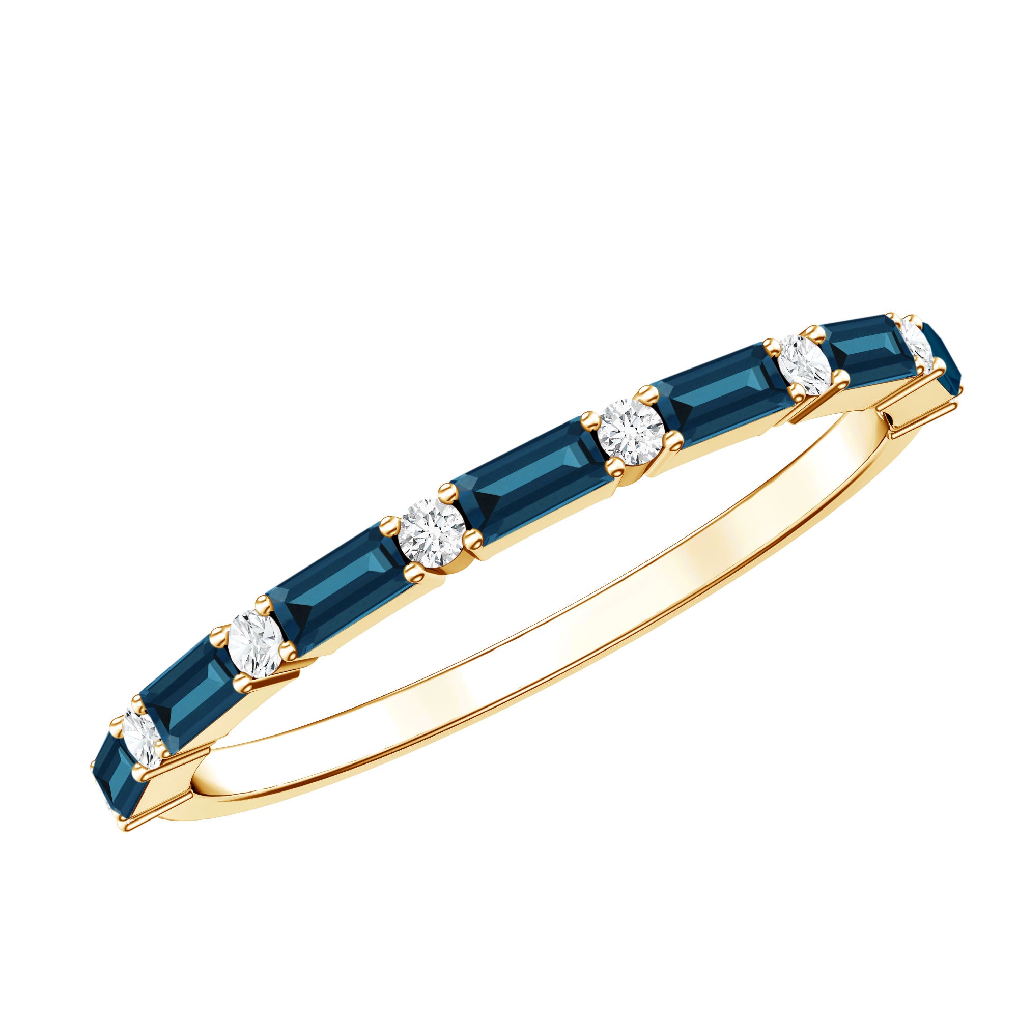 Baguette London Blue Topaz and Diamond Stackable Band Ring AAA - Rosec Jewels