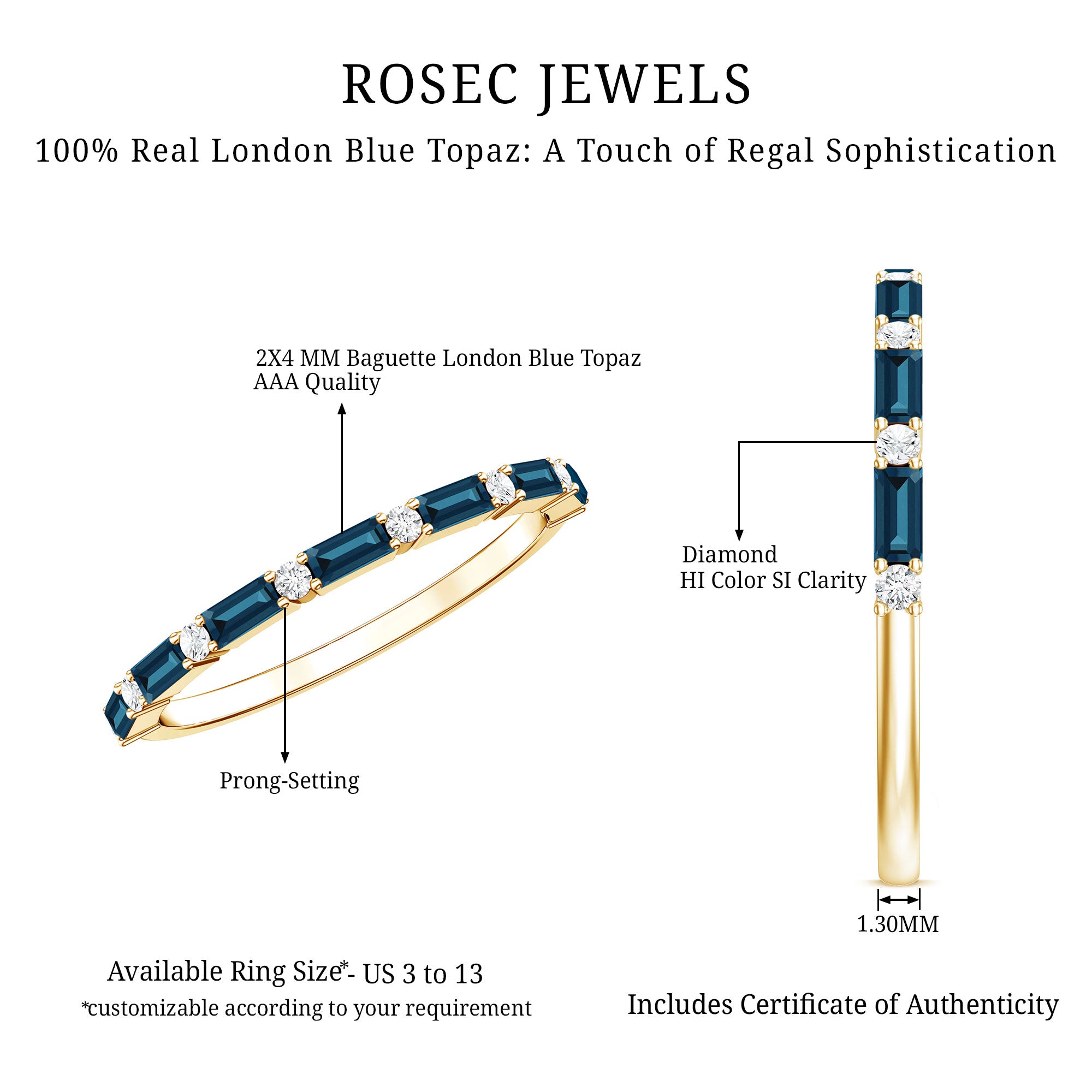 Baguette London Blue Topaz and Diamond Stackable Band Ring AAA - Rosec Jewels