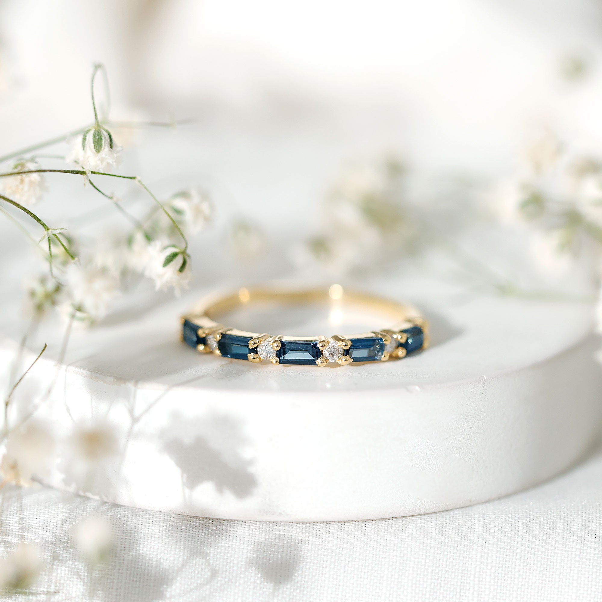 Baguette London Blue Topaz and Diamond Stackable Band Ring AAA - Rosec Jewels