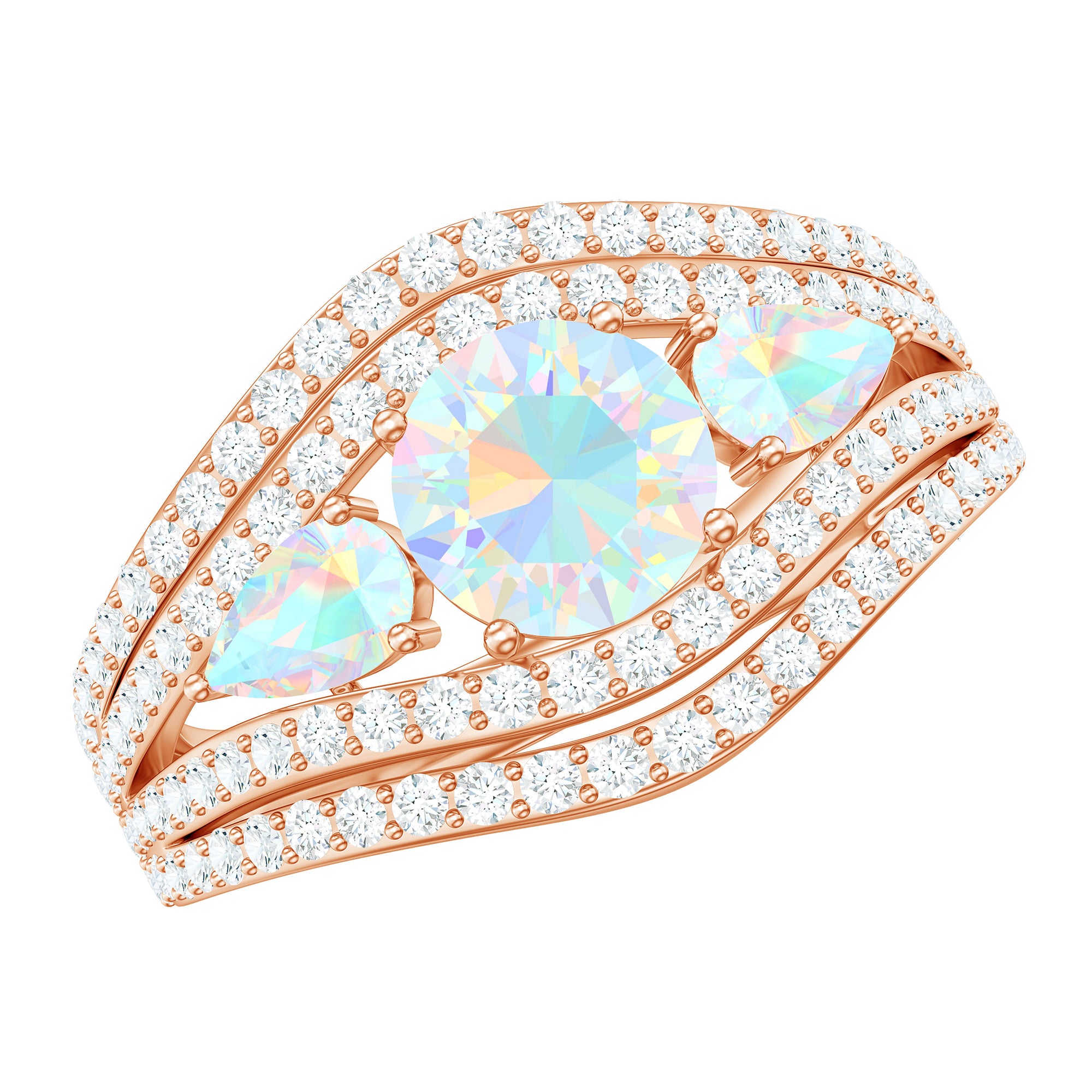 Real Ethiopian Opal 3 Stone Engagement Ring with Moissanite AAA - Rosec Jewels