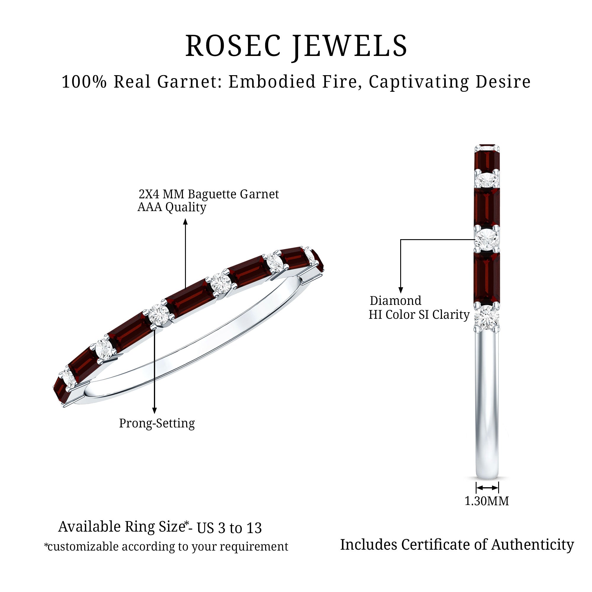 Natural Baguette Garnet Diamond Half Eternity Band With Certificate AAA - Rosec Jewels