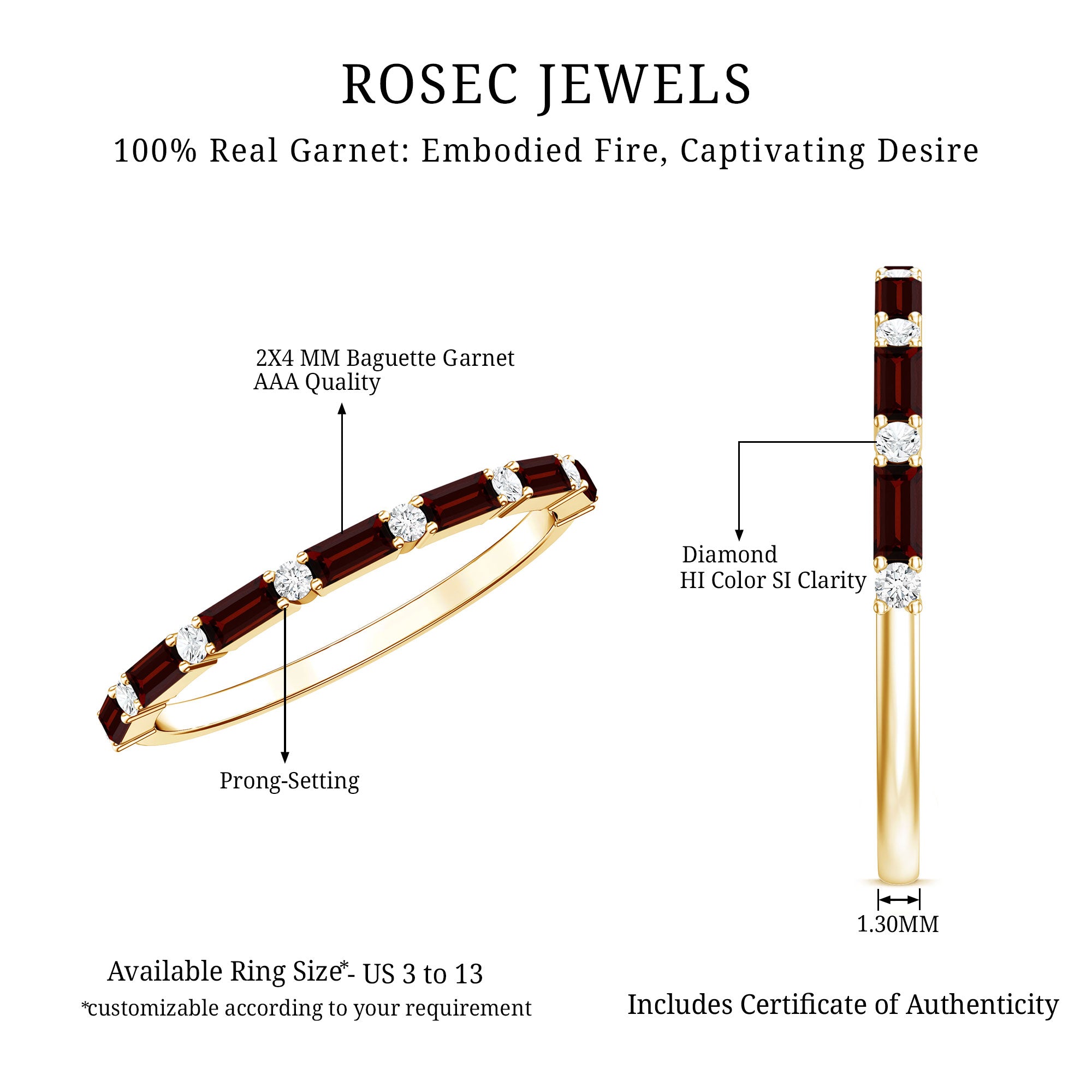 Natural Baguette Garnet Diamond Half Eternity Band With Certificate AAA - Rosec Jewels