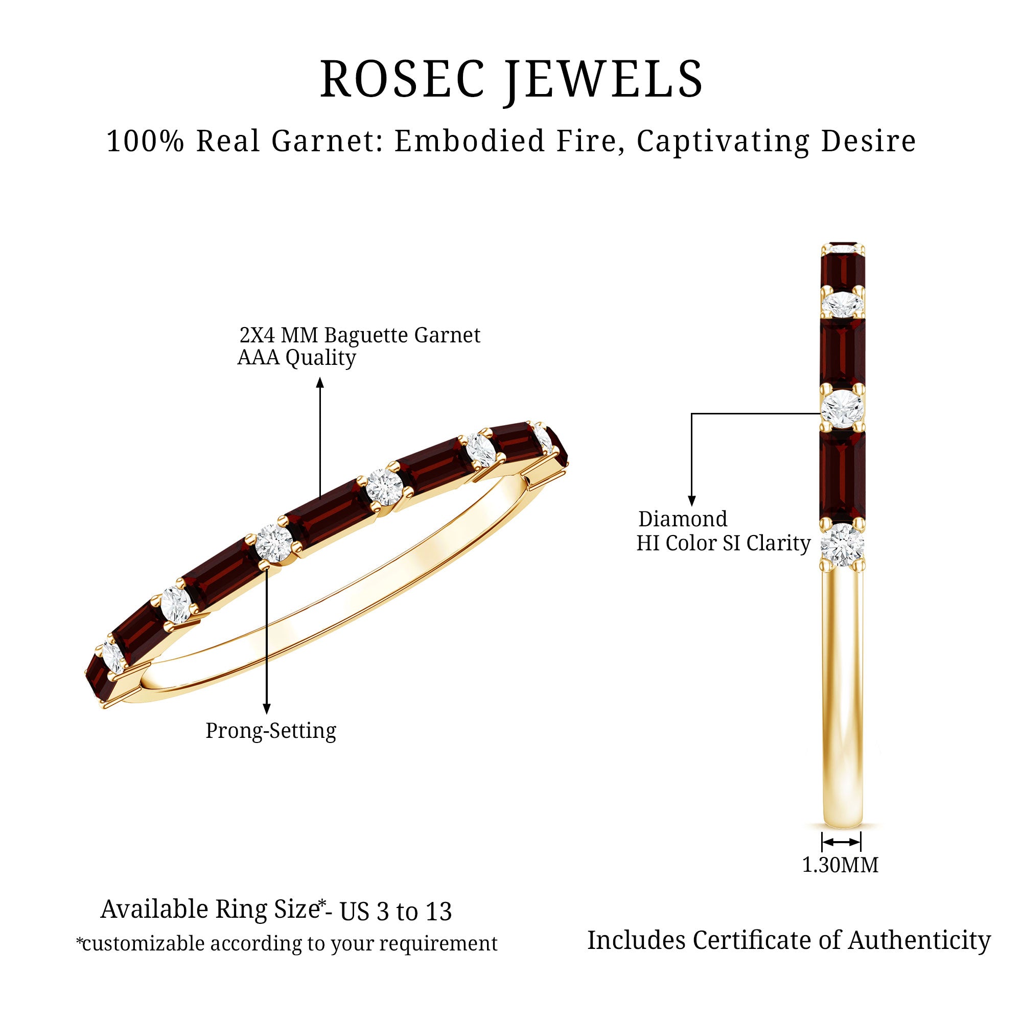 Natural Baguette Garnet Diamond Half Eternity Band With Certificate AAA - Rosec Jewels
