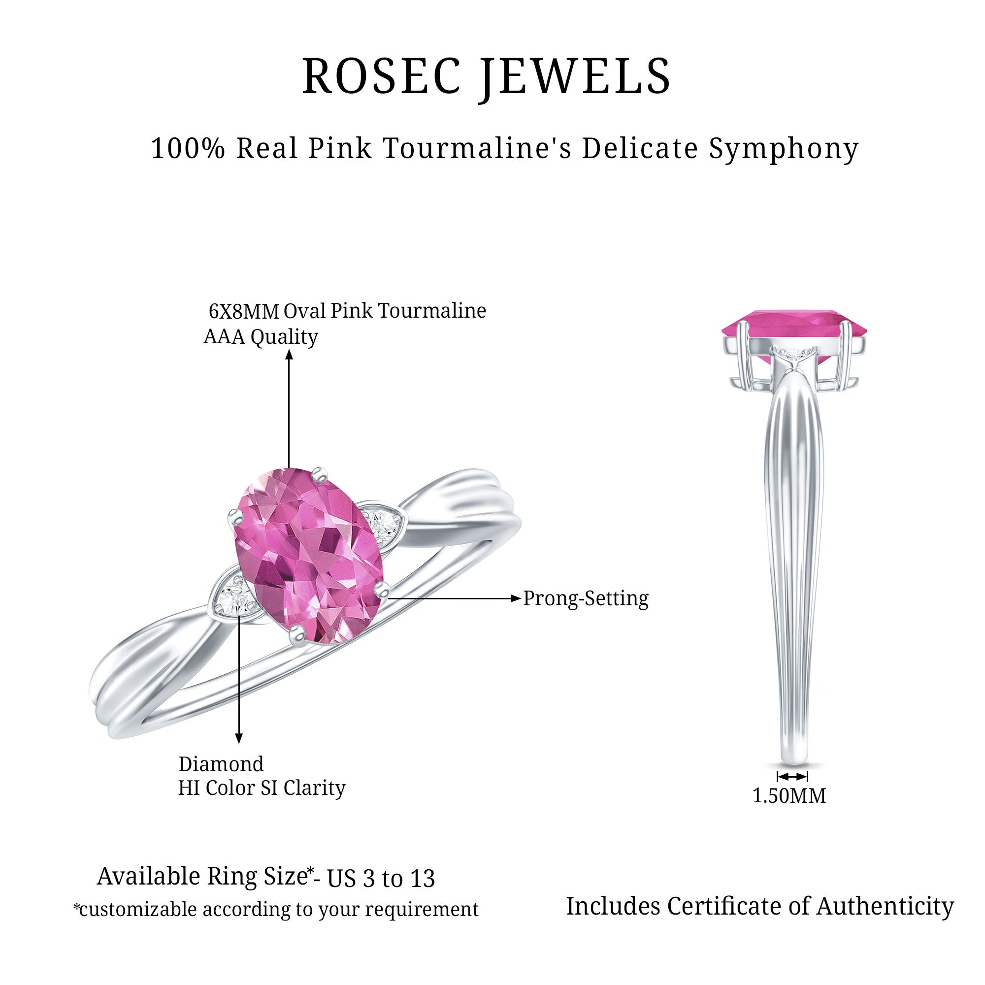Oval Shape Pink Tourmaline Solitaire Ring with Diamond AAA - Rosec Jewels