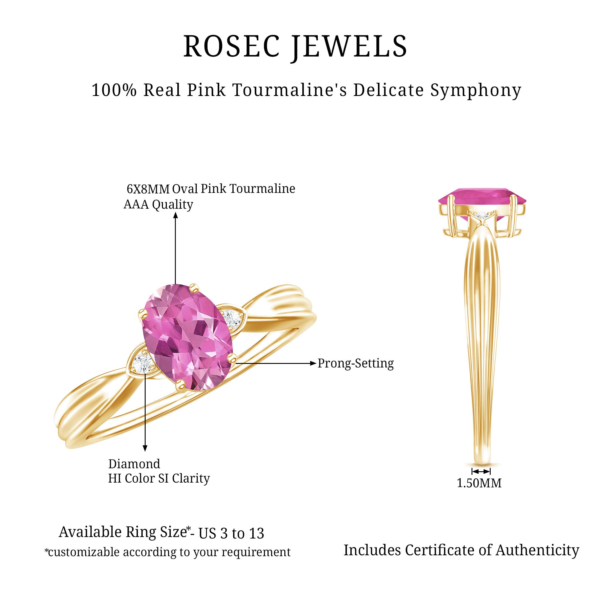 Oval Shape Pink Tourmaline Solitaire Ring with Diamond AAA - Rosec Jewels