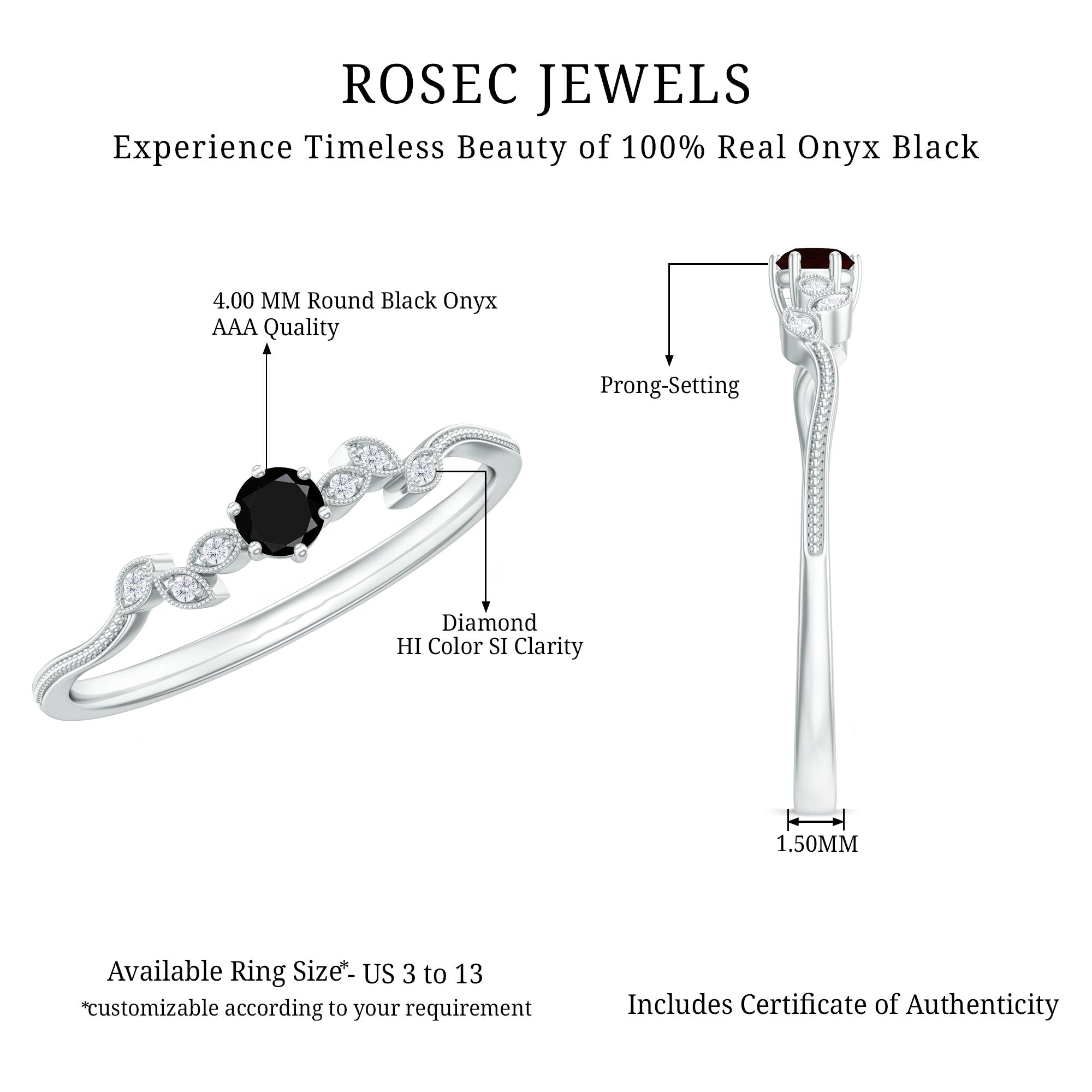 Black Onyx and Diamond Nature Inspired Promise Ring AAA - Rosec Jewels