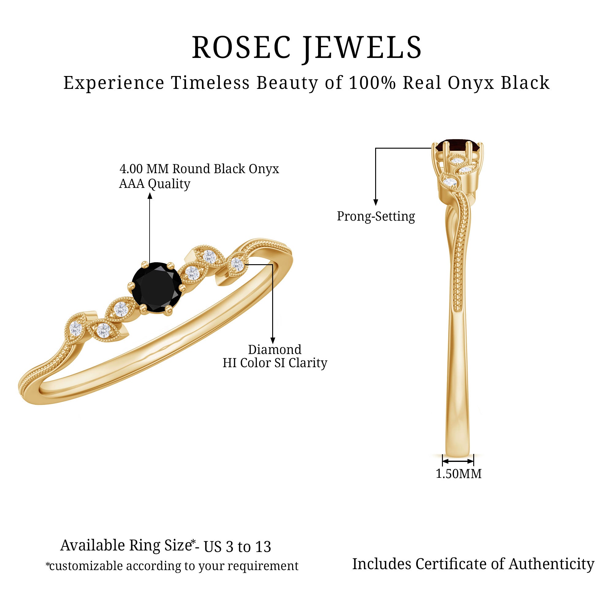 Black Onyx and Diamond Nature Inspired Promise Ring AAA - Rosec Jewels