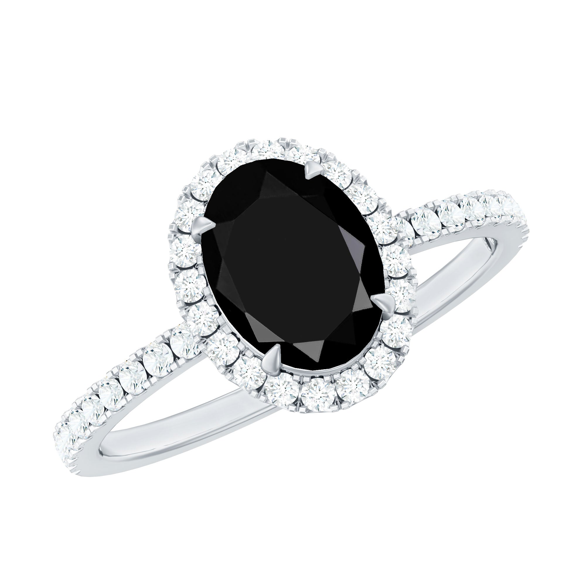 6X8MM Oval Black Onyx and Diamond Halo Engagement Ring