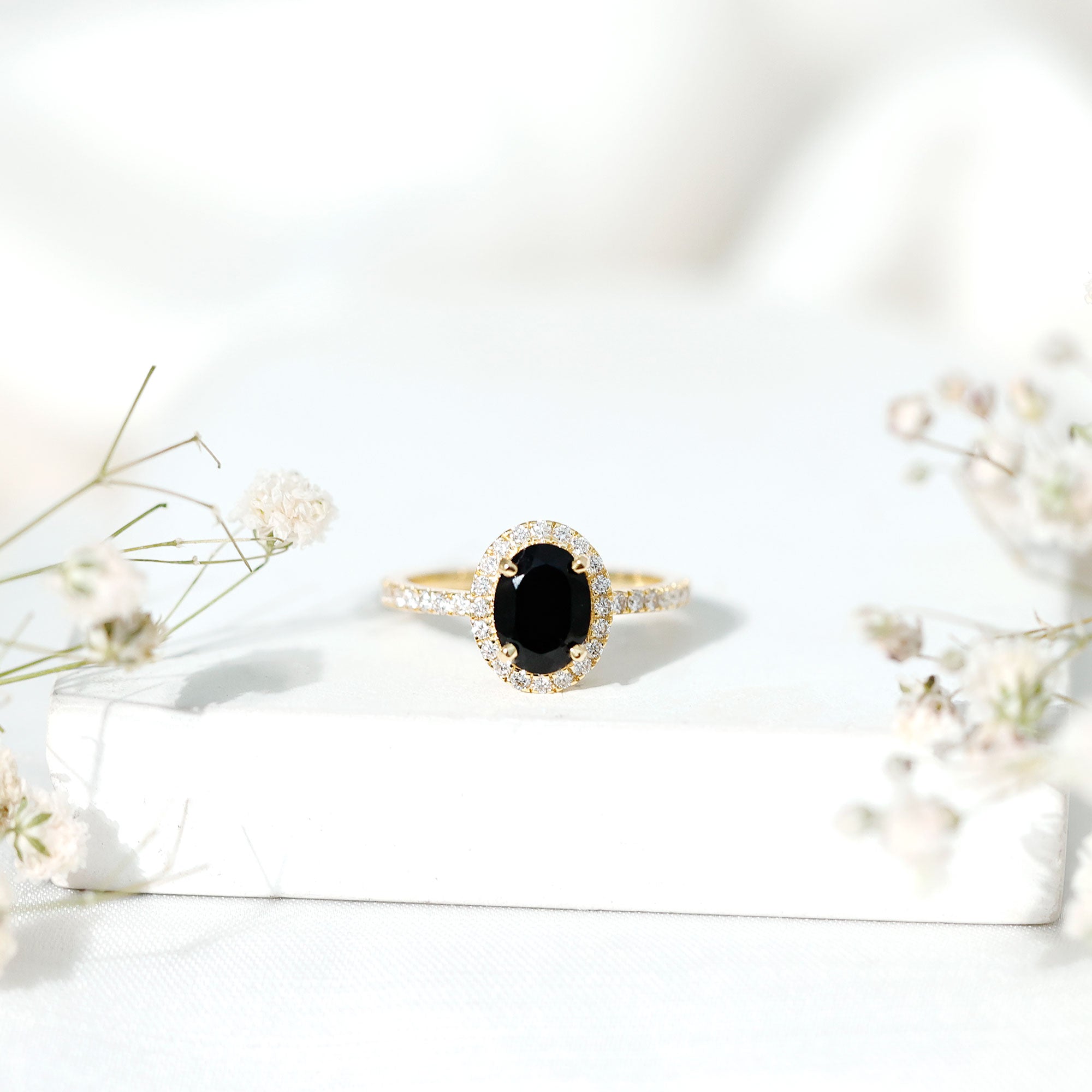 6X8MM Oval Black Onyx and Diamond Halo Engagement Ring AAA - Rosec Jewels