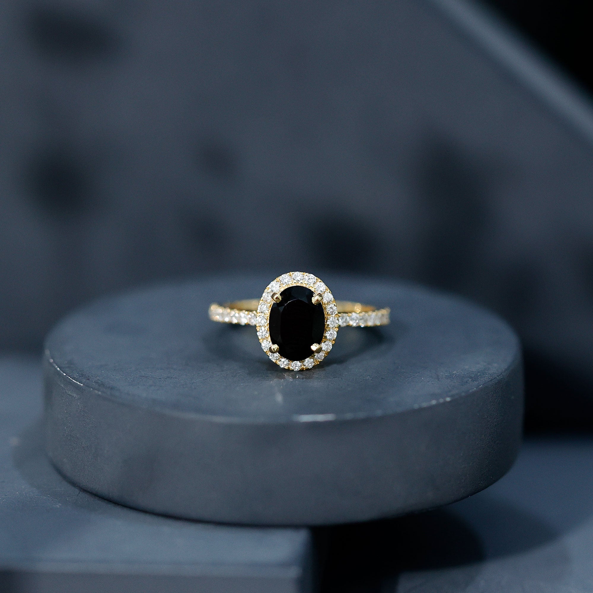 6X8MM Oval Black Onyx and Diamond Halo Engagement Ring AAA - Rosec Jewels