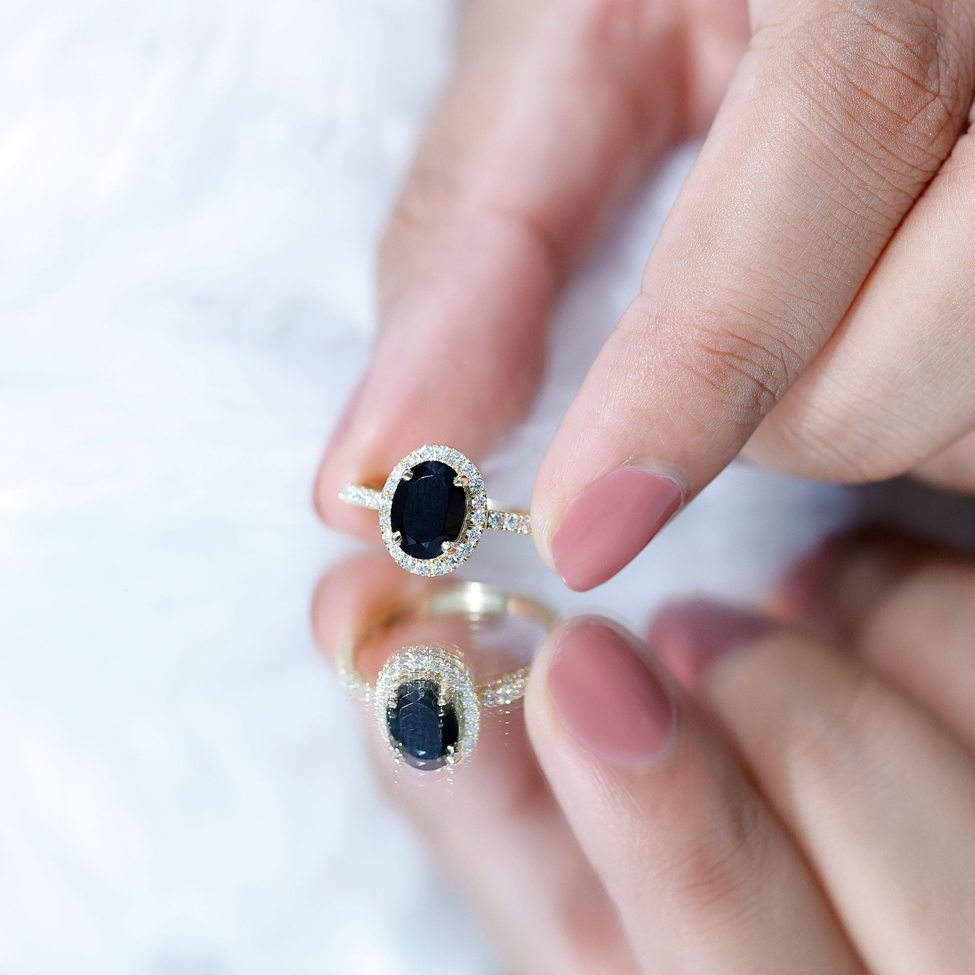 6X8MM Oval Black Onyx and Diamond Halo Engagement Ring AAA - Rosec Jewels
