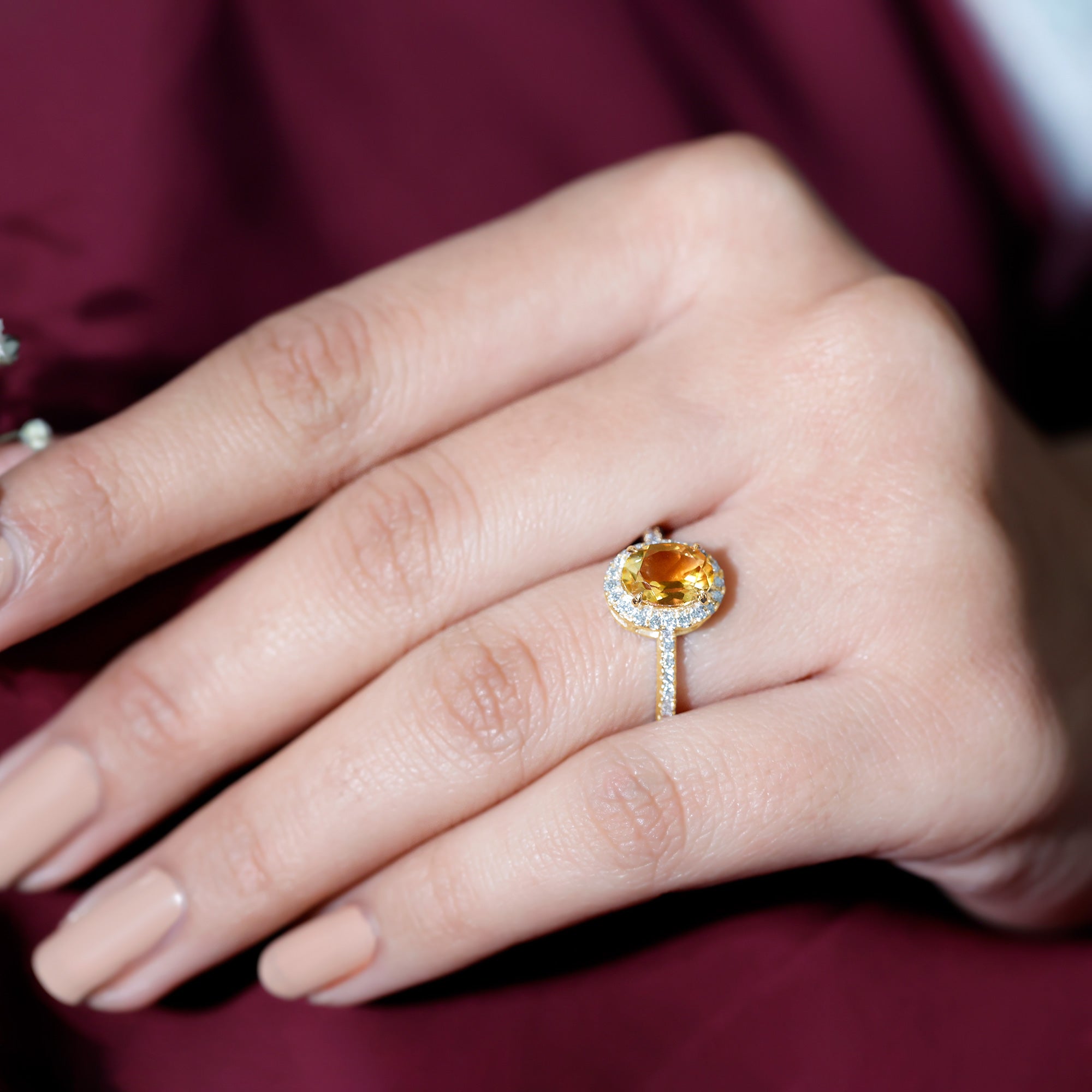 Certified Real 6X8mm Citrine Oval Engagement Ring with Diamond Halo AAA - Rosec Jewels