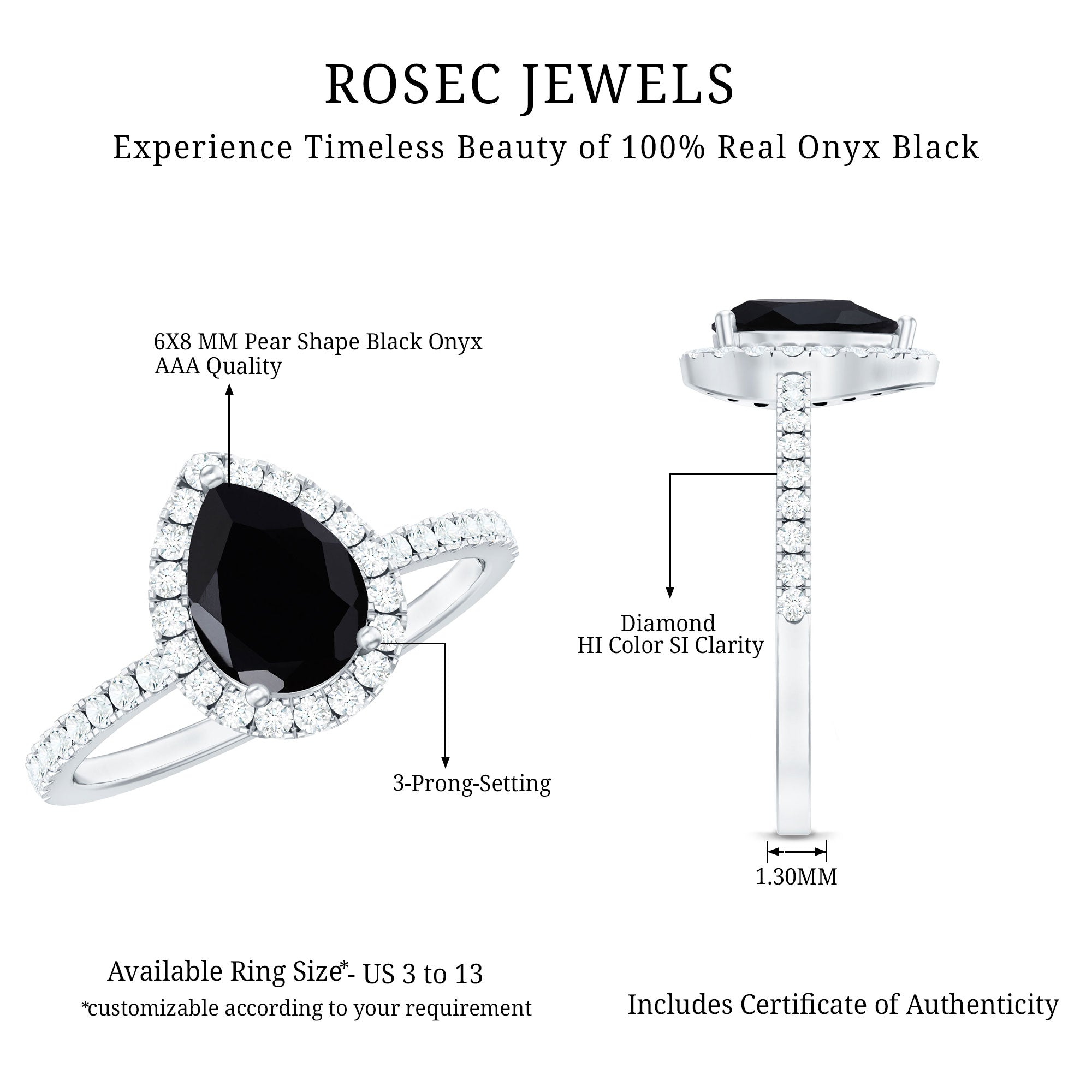 Genuine Black Onyx Teardrop Engagement Ring with Diamond AAA - Rosec Jewels