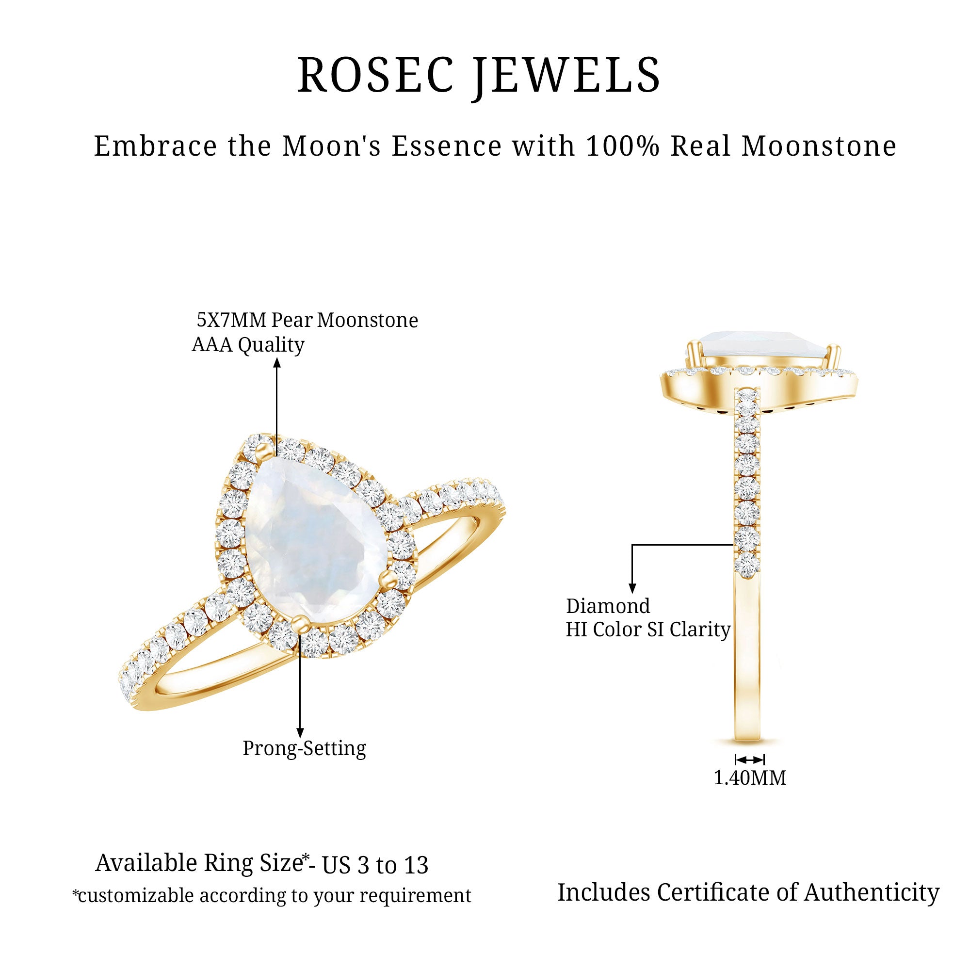 1.25 CT Pear Cut Moonstone Solitaire Simple Engagement Ring with Diamond Accent AAA - Rosec Jewels