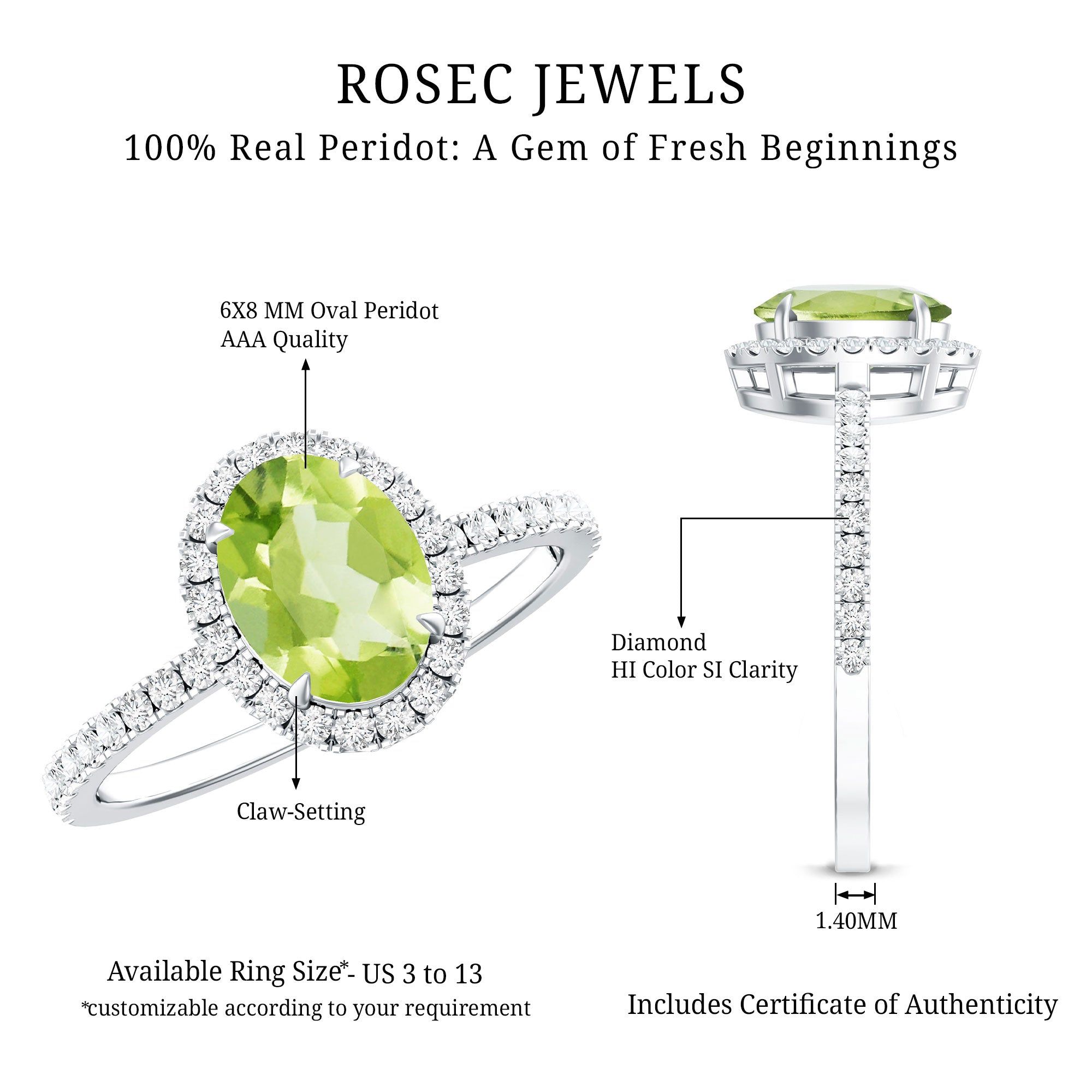 Natural 1 Carat Peridot Oval Engagement Ring with Diamond Halo AAA - Rosec Jewels