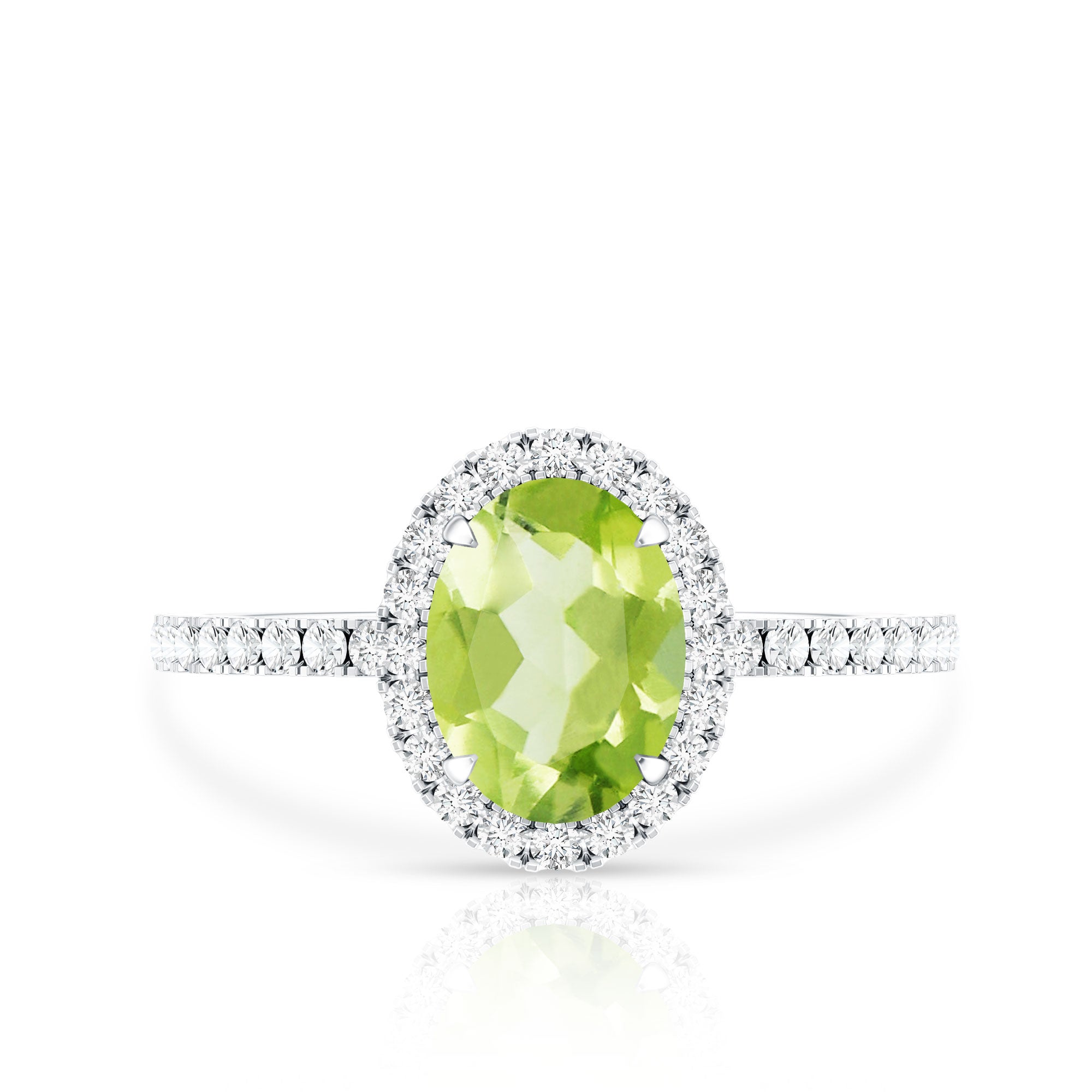 Natural 1 Carat Peridot Oval Engagement Ring with Diamond Halo AAA - Rosec Jewels