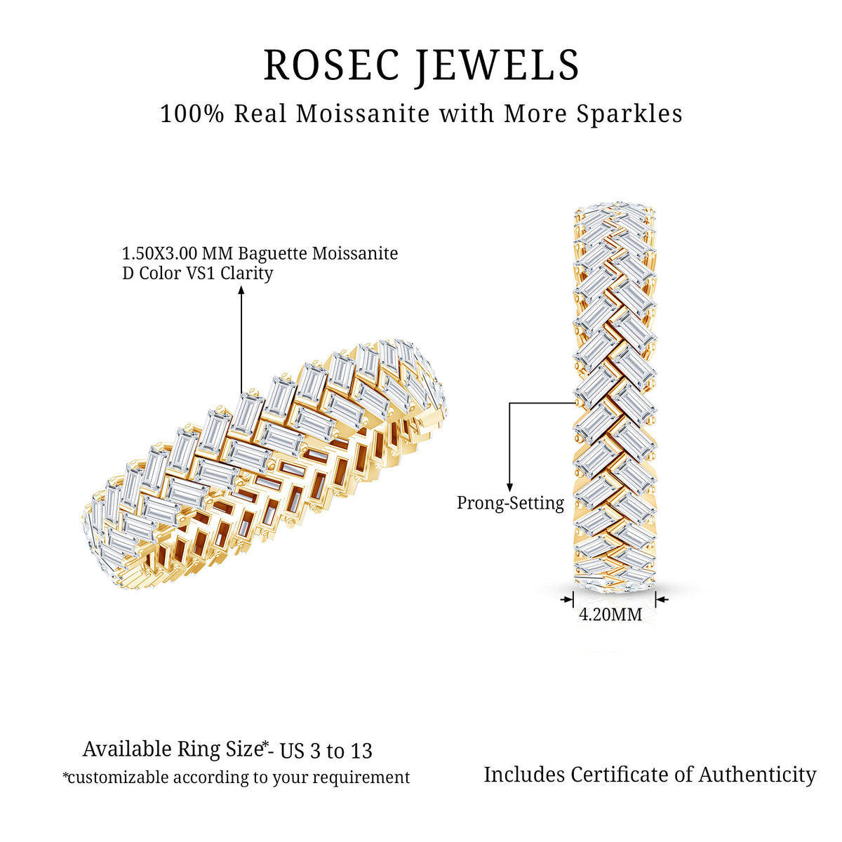 Baguette Cut Moissanite Eternity Band Ring D-VS1 - Rosec Jewels