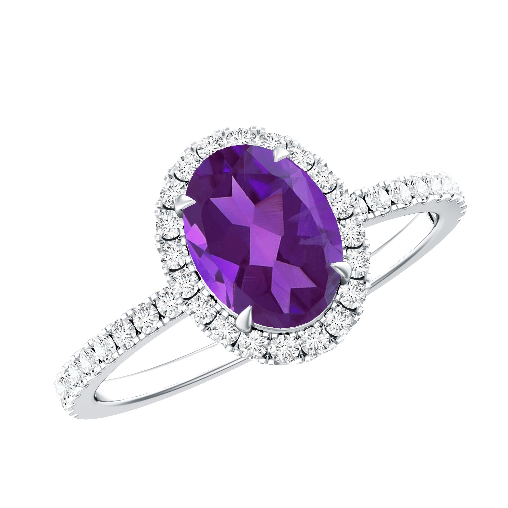 1 Carat Amethyst Oval Engagement Ring with Diamond Halo AAA - Rosec Jewels