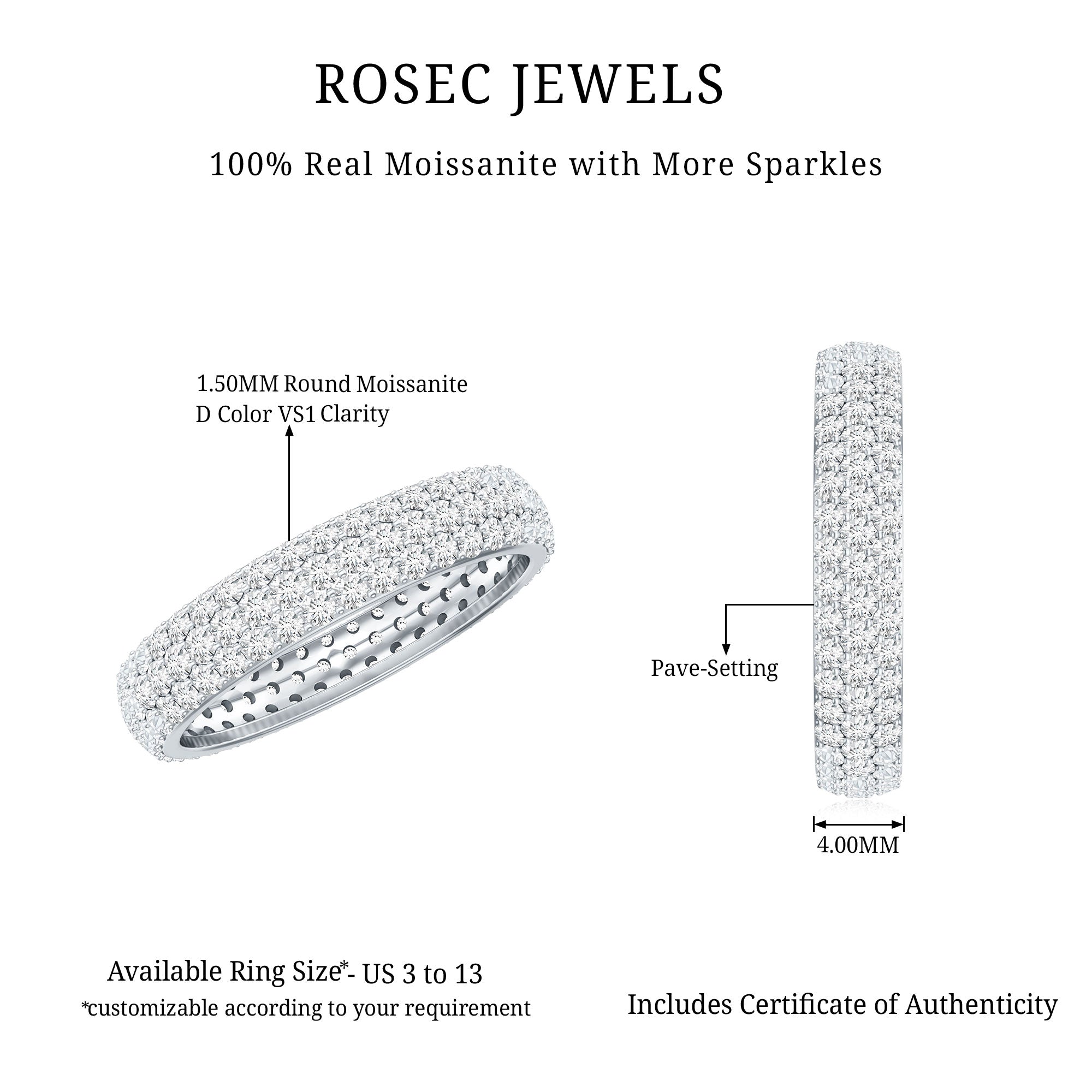 Triple Row Moissanite Classic Wedding Ring Band for Women D-VS1 - Rosec Jewels