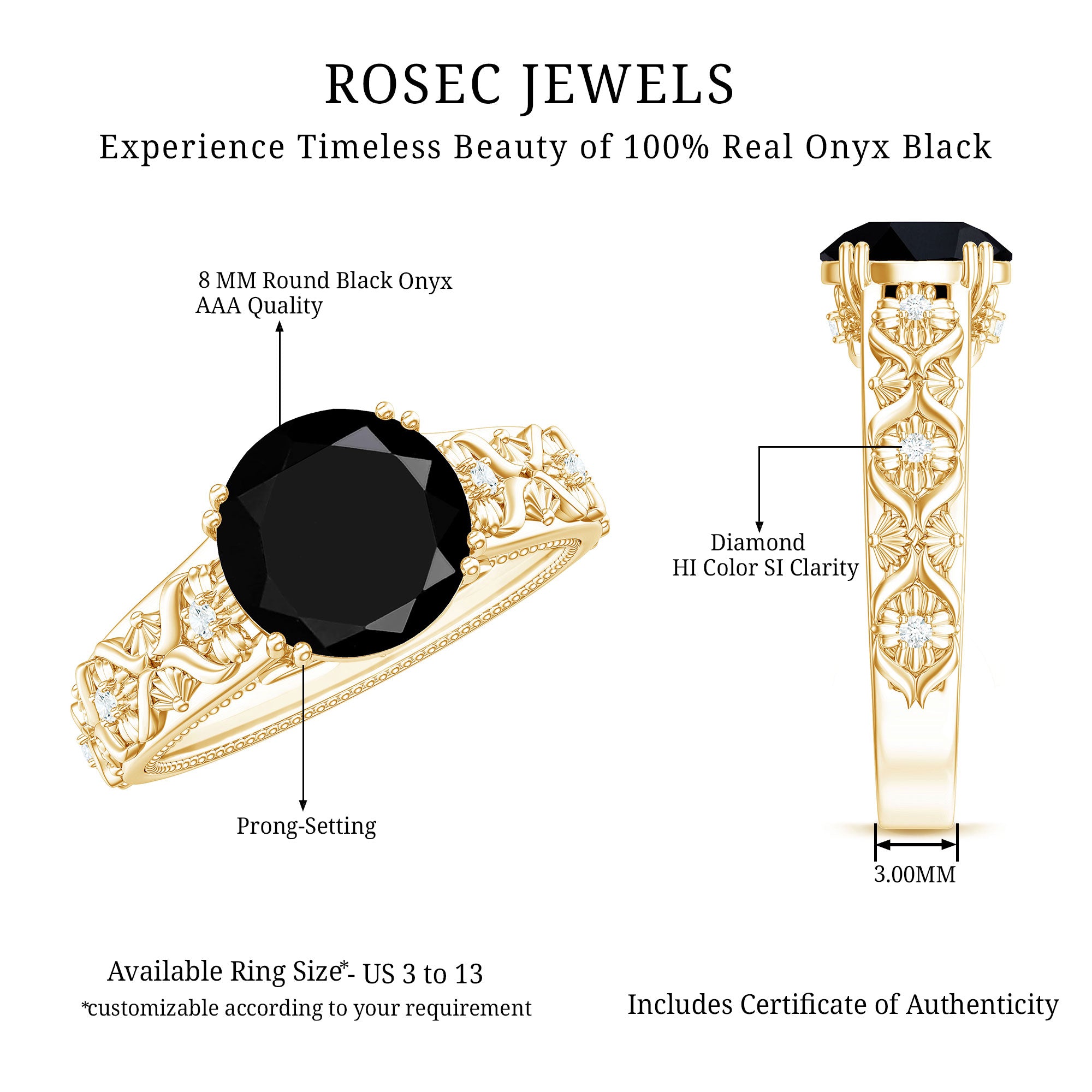 8mm Round Black Onyx Solitaire Antique Looking Engagement Ring with Diamond AAA - Rosec Jewels