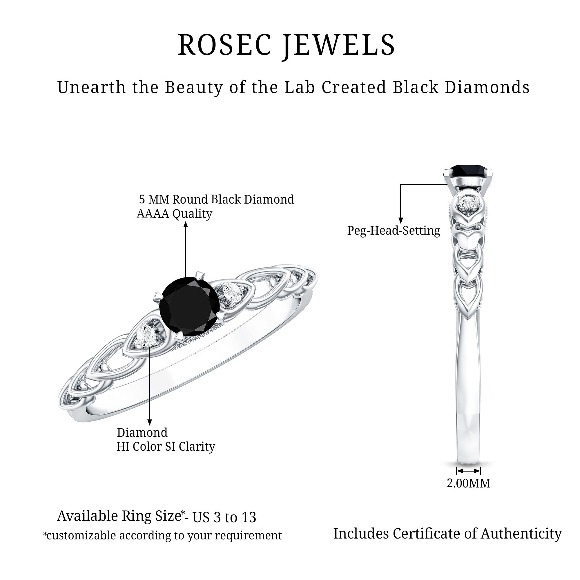 Certified 0.84 Carat Lab Grown Black Diamond Promise Ring with White Diamond AAAA ( Synthetic ) - Rosec Jewels