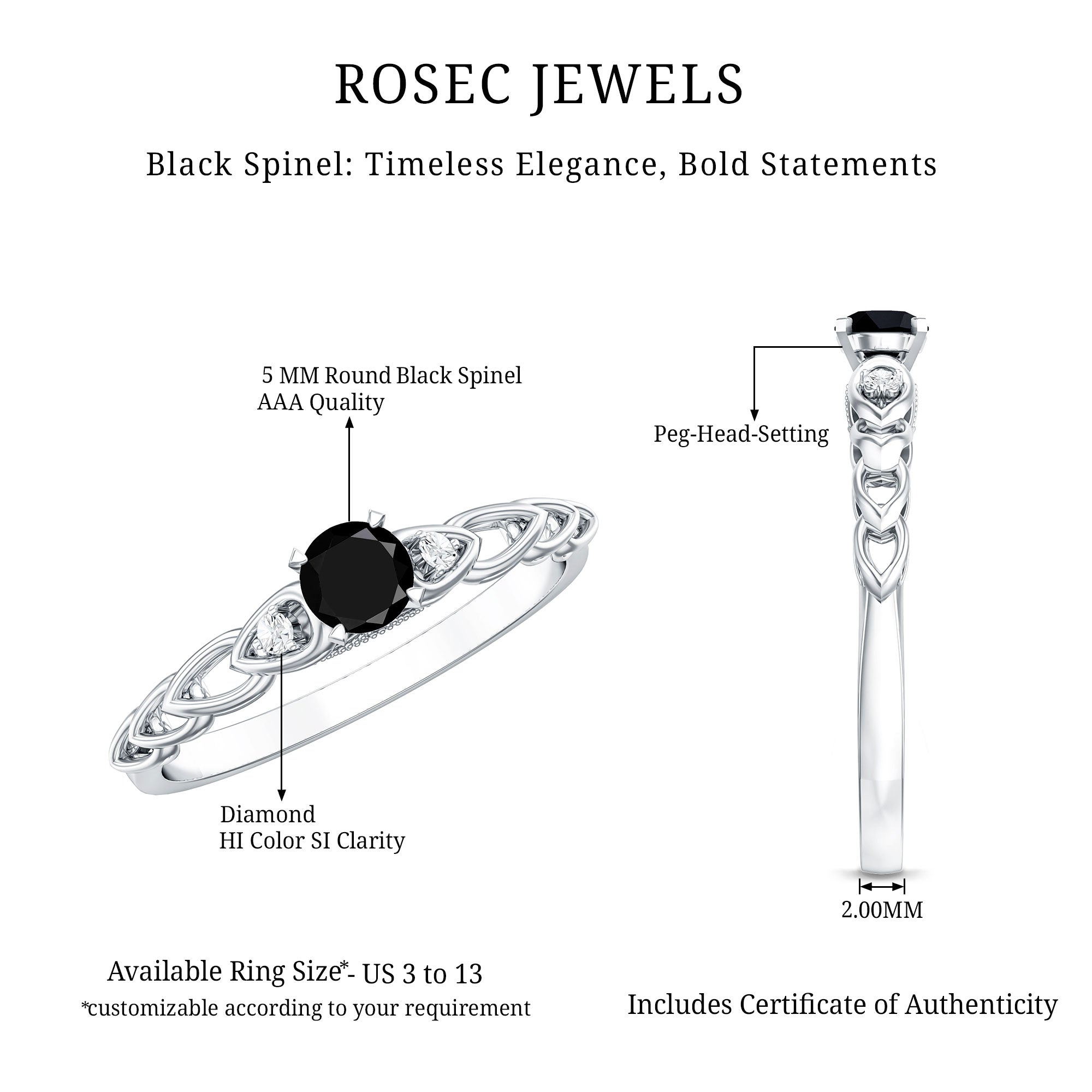 Natural Black Spinel Diamond Promise Ring with Certificate AAA - Rosec Jewels