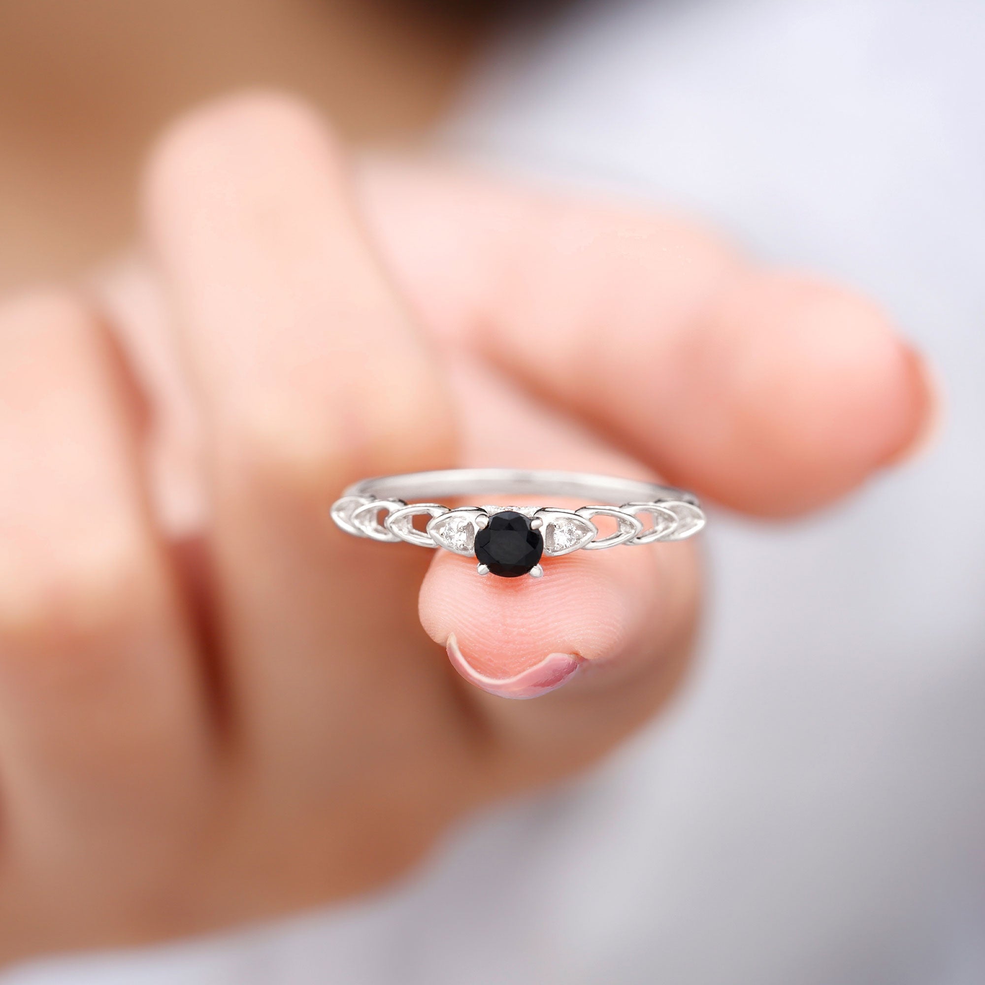 Natural Black Spinel Diamond Promise Ring with Certificate AAA - Rosec Jewels