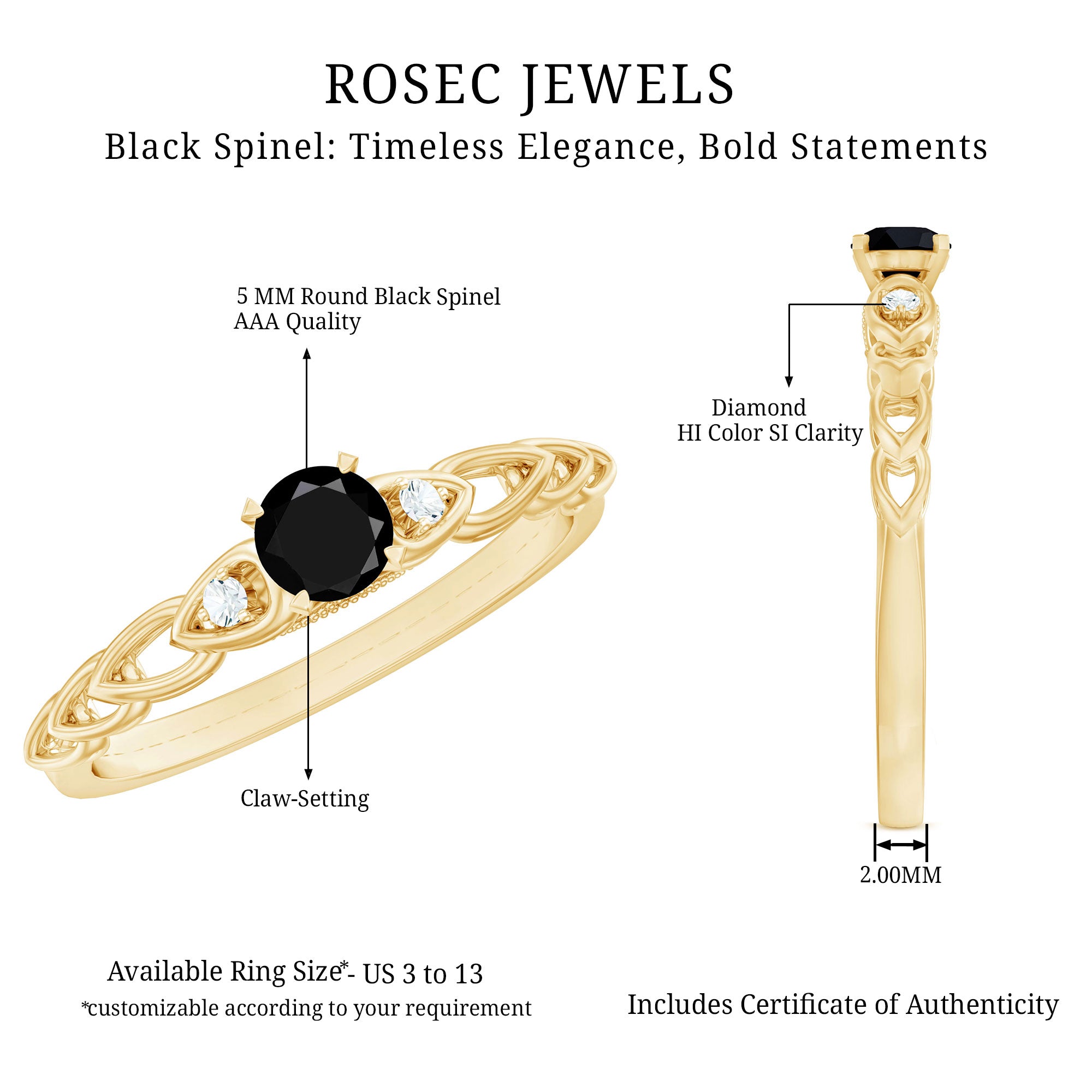 Rosec Jewels-Natural Black Spinel Diamond Promise Ring with Certificate