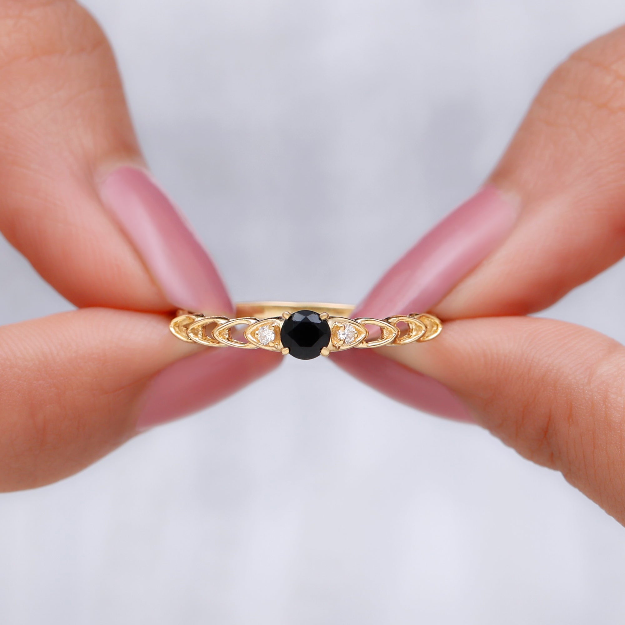 Rosec Jewels-Natural Black Spinel Diamond Promise Ring with Certificate