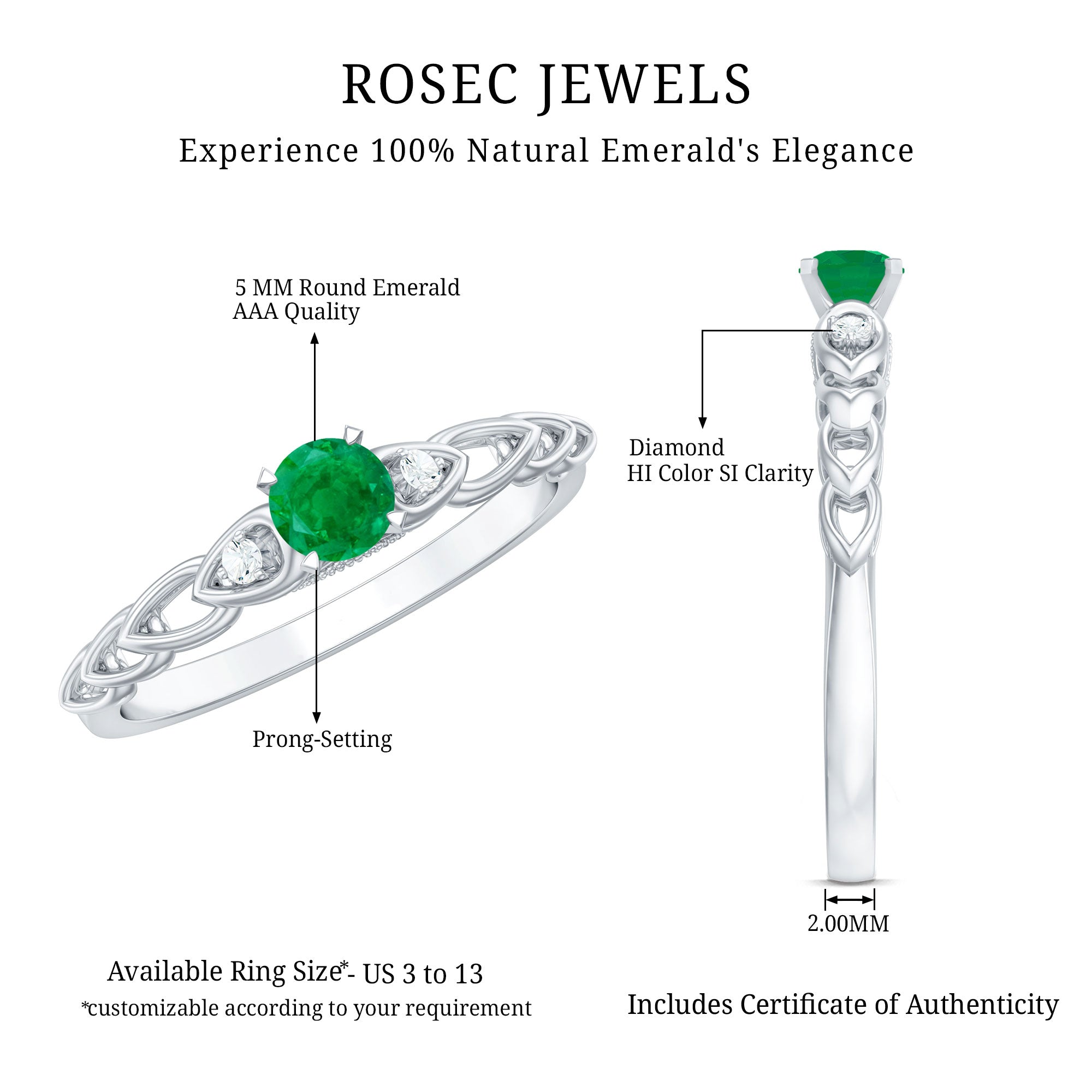 Genuine Emerald and Diamond Designer Promise Ring AAA - Rosec Jewels