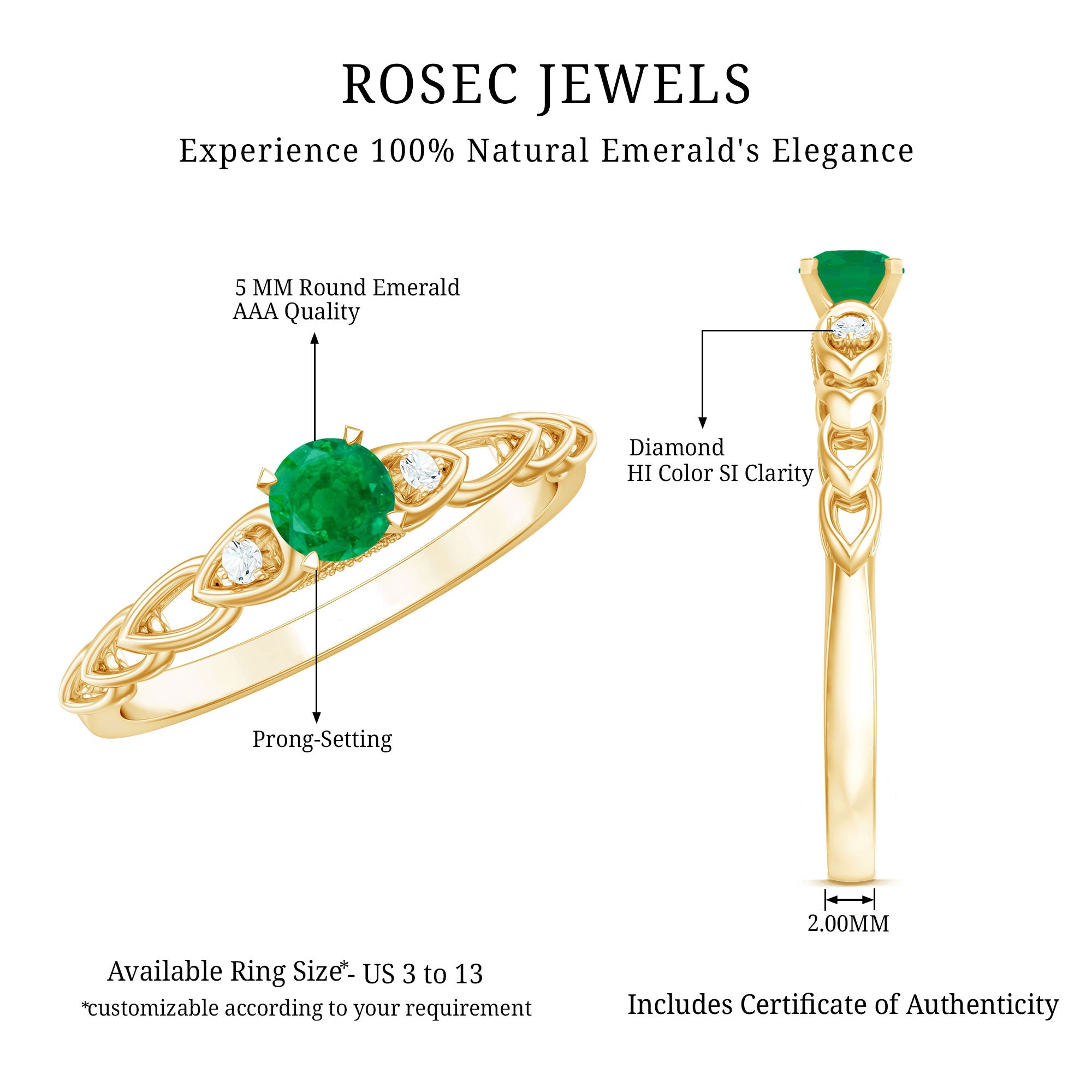 Genuine Emerald and Diamond Designer Promise Ring AAA - Rosec Jewels