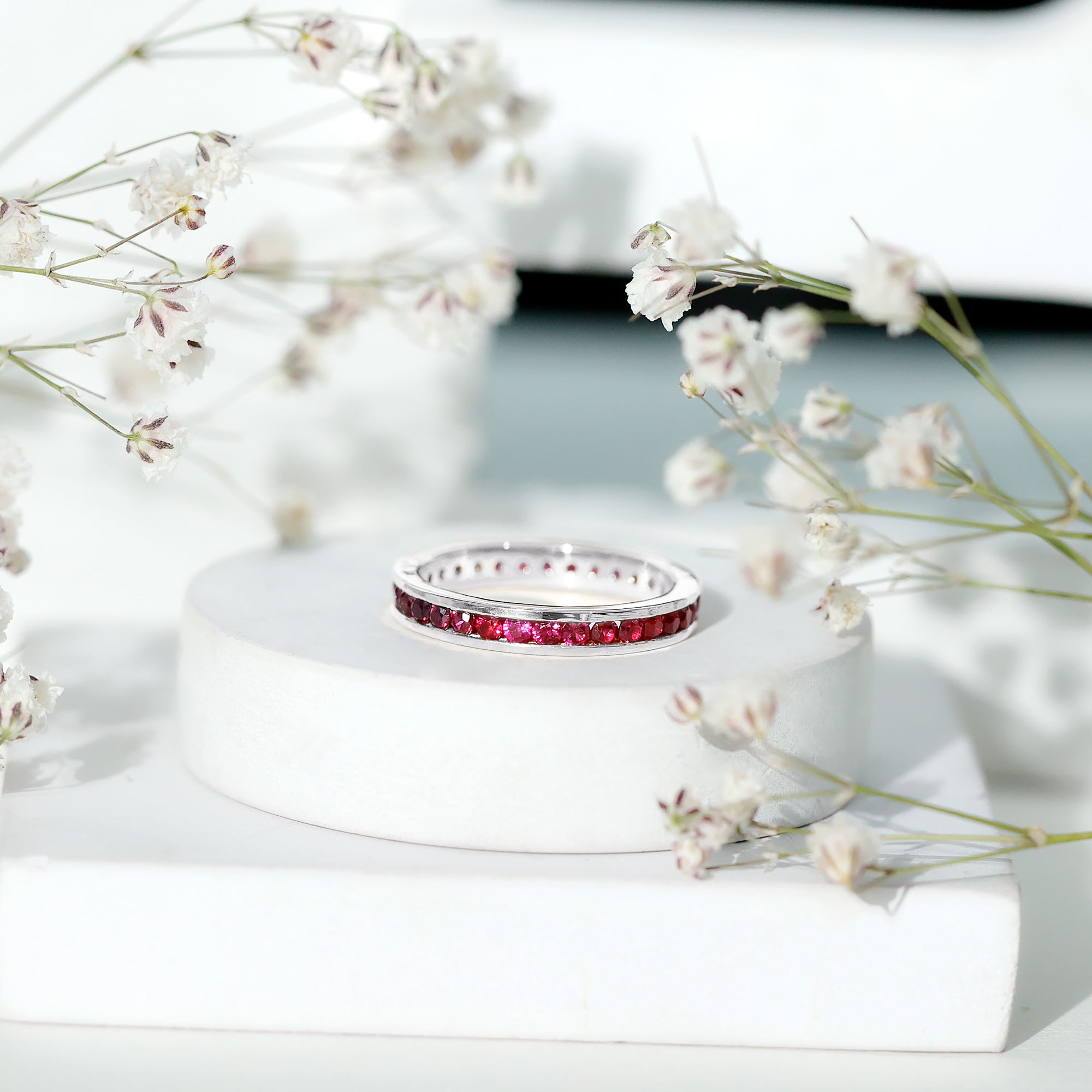 Channel Set Round Lab Created Ruby Eternity Band Ring for Women AAAA - Rosec Jewels