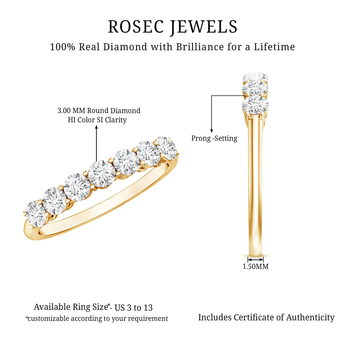 Natural Diamond Half Eternity Band Ring for Women Natural - ( HI-SI ) - Rosec Jewels