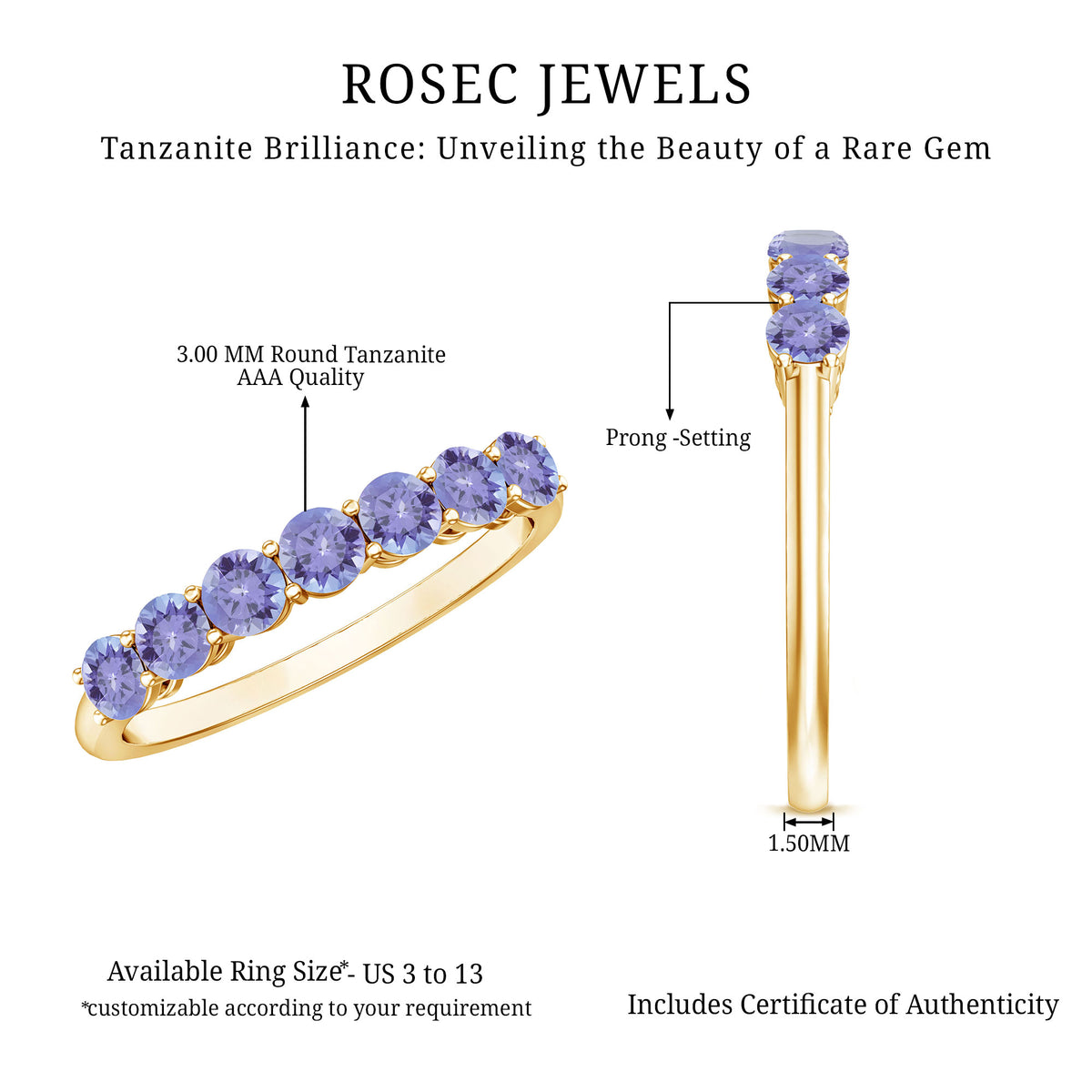 Certified Real Tanzanite Half Eternity Ring for Anniversary AAA - Rosec Jewels