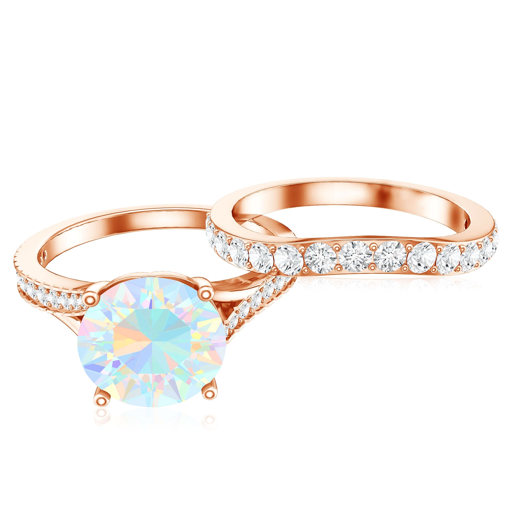 Natural Ethiopian Opal Split Shank Engagement Ring with Wedding Band AAA - Rosec Jewels
