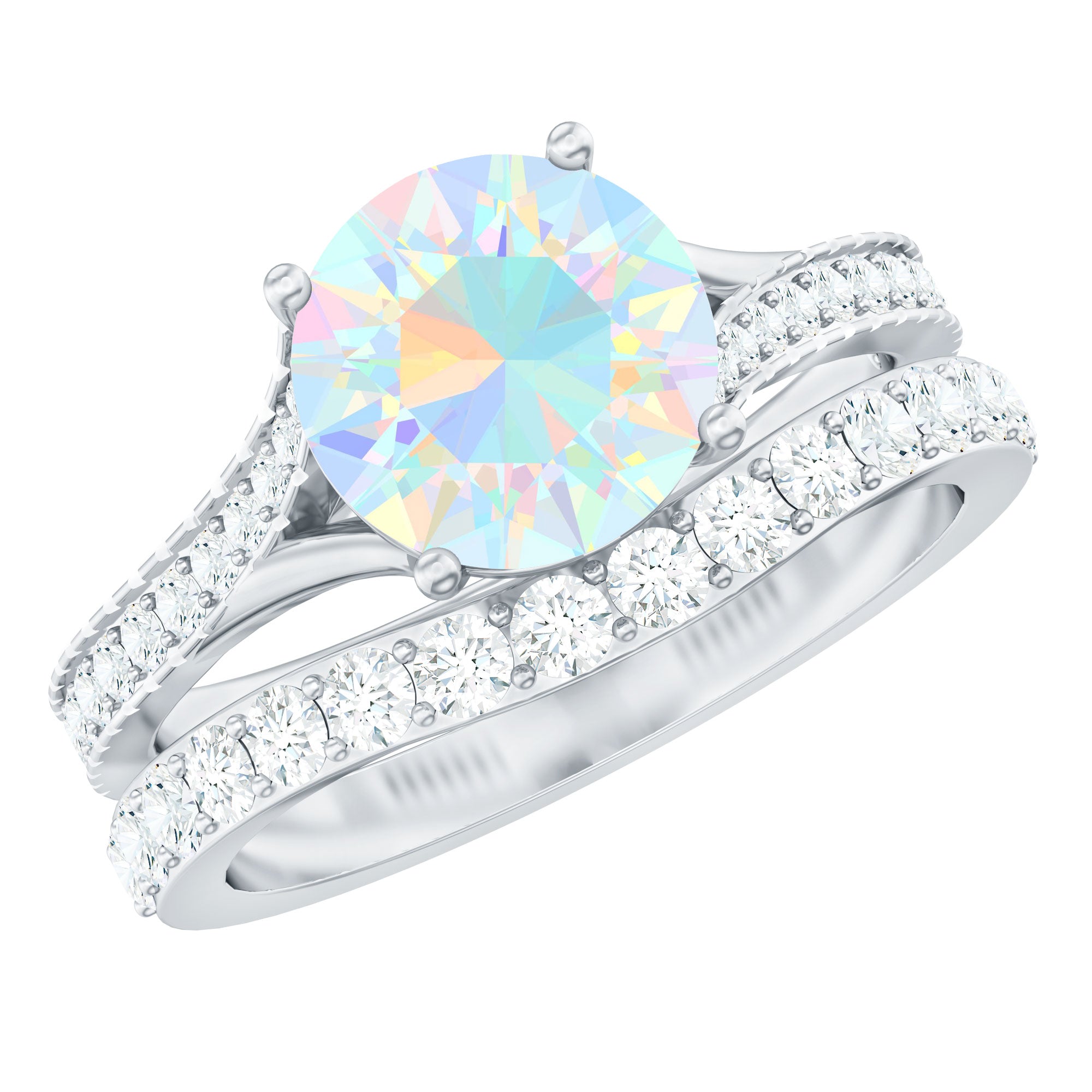 Natural Ethiopian Opal Split Shank Engagement Ring with Wedding Band