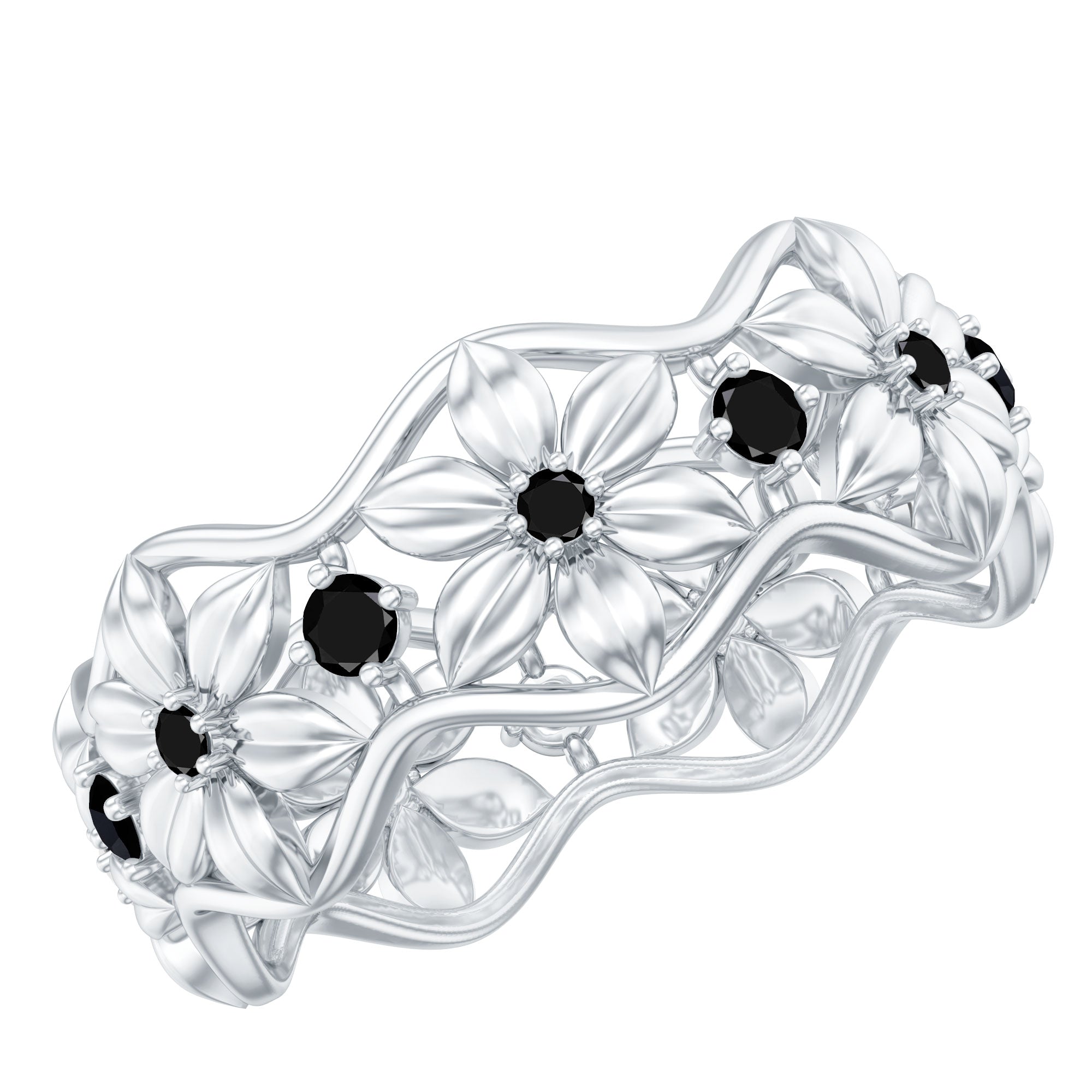 Natural Black Spinel Flower Band Ring for Women