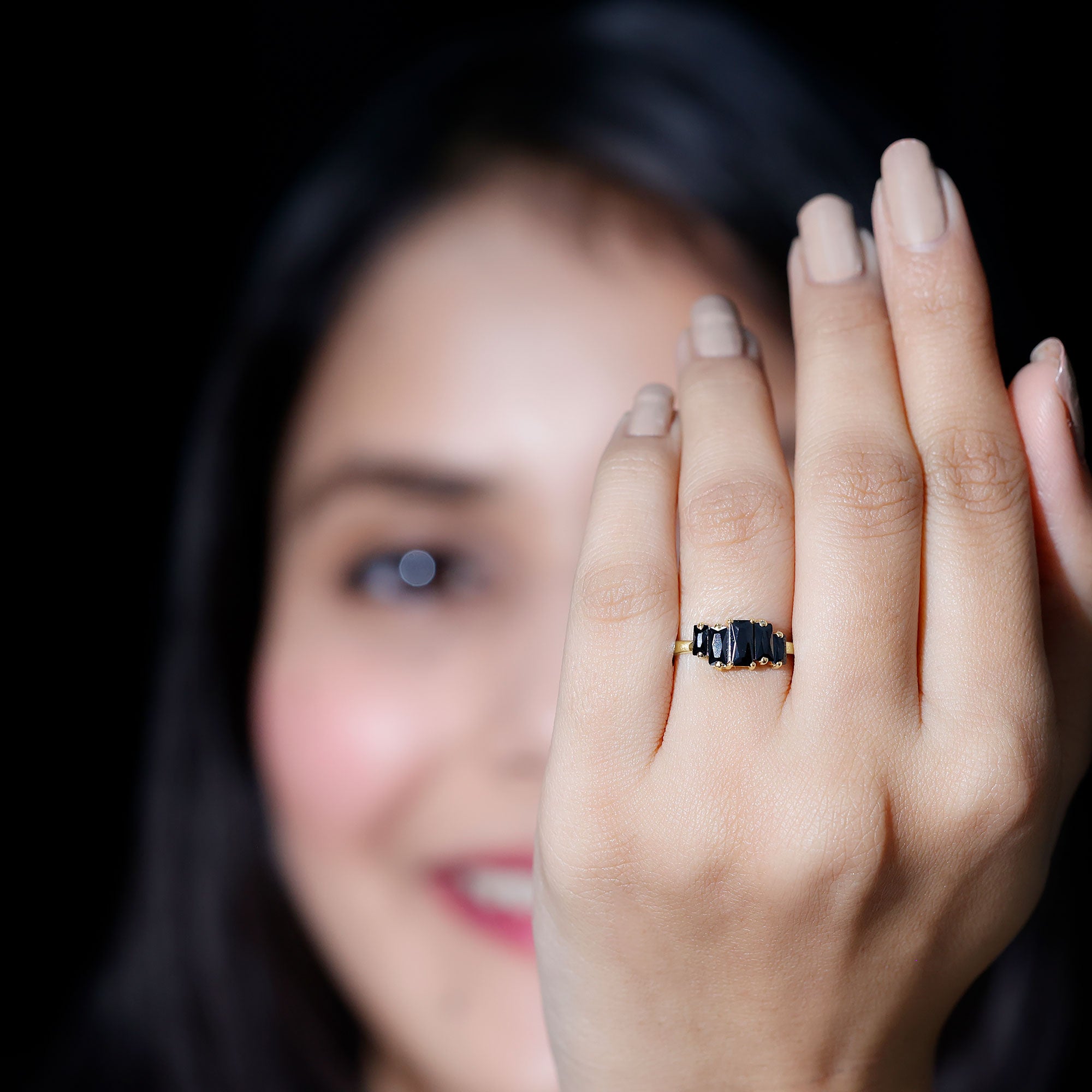 Baguette Cut Black Onyx 5 Stone Anniversary Ring AAA - Rosec Jewels