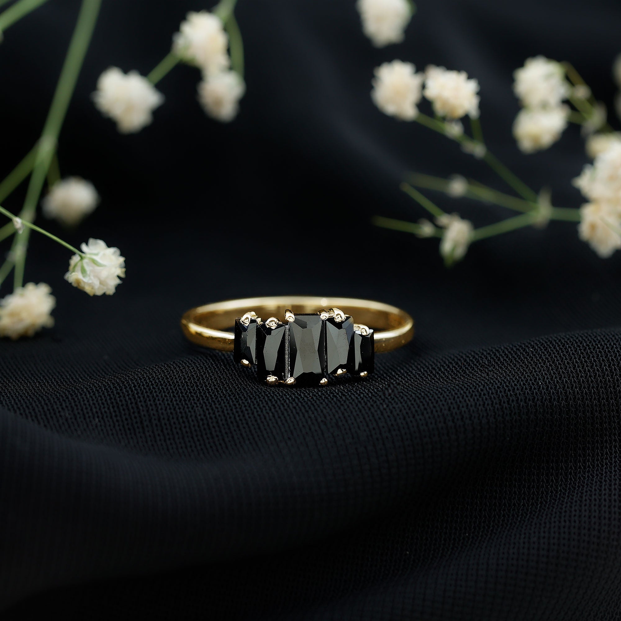 Baguette Cut Black Onyx 5 Stone Anniversary Ring AAA - Rosec Jewels