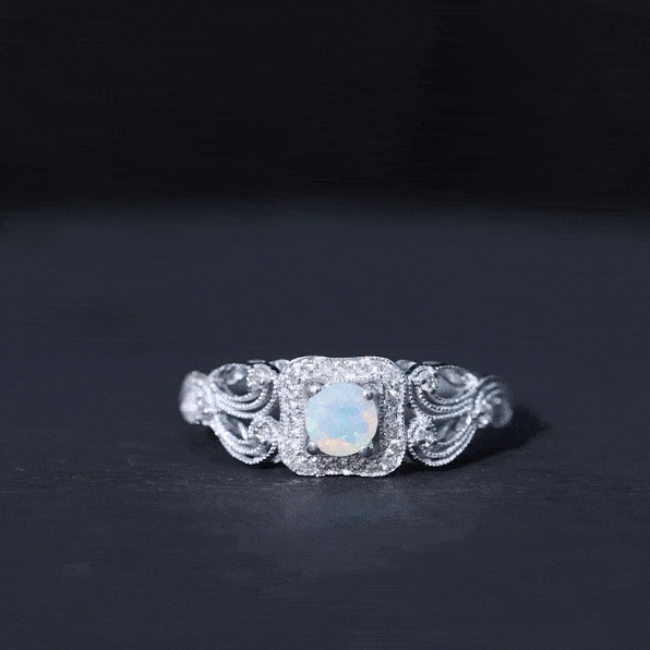 Certified Real Ethiopian Opal Retro Engagement Ring with Diamond AAA - Rosec Jewels
