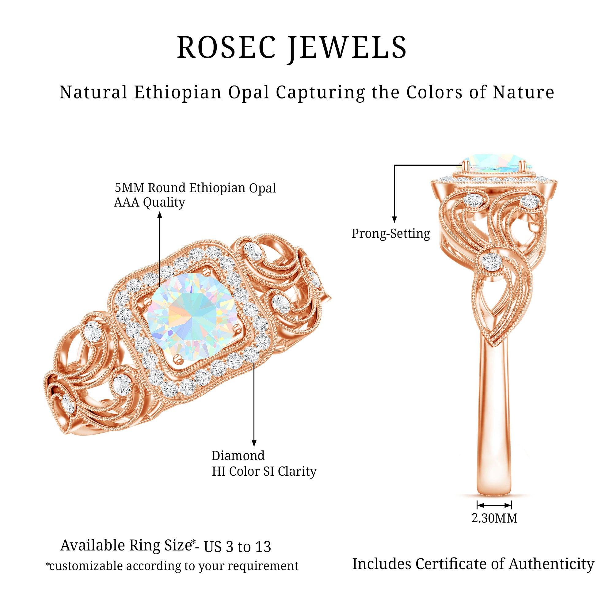 Certified Real Ethiopian Opal Retro Engagement Ring with Diamond AAA - Rosec Jewels