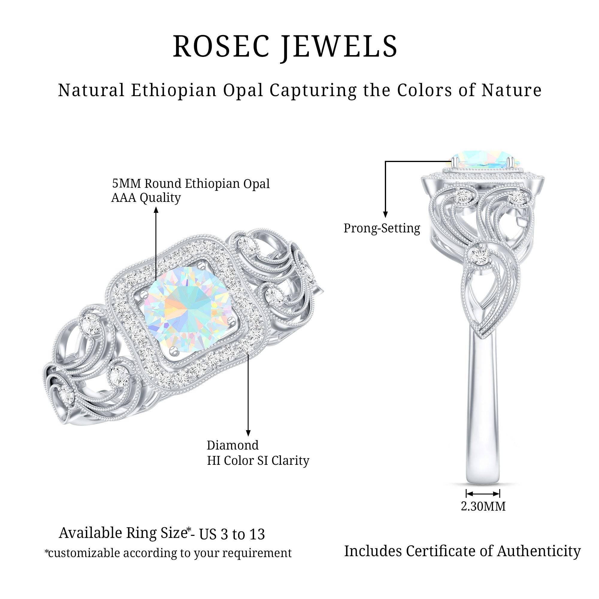 Certified Real Ethiopian Opal Retro Engagement Ring with Diamond AAA - Rosec Jewels